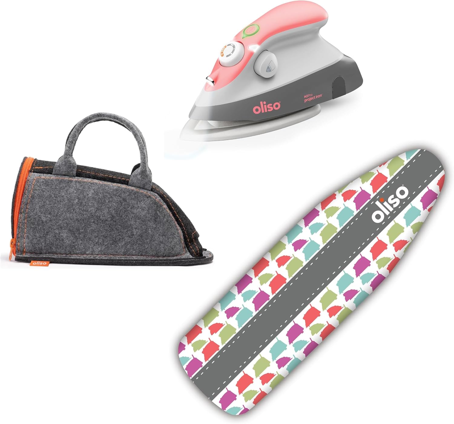 Oliso M3Pro Project Steam Iron with Solemate (Coral) + Oliso Carry Bag for Mini Irons + Ironing Board Cover (Silhouette)