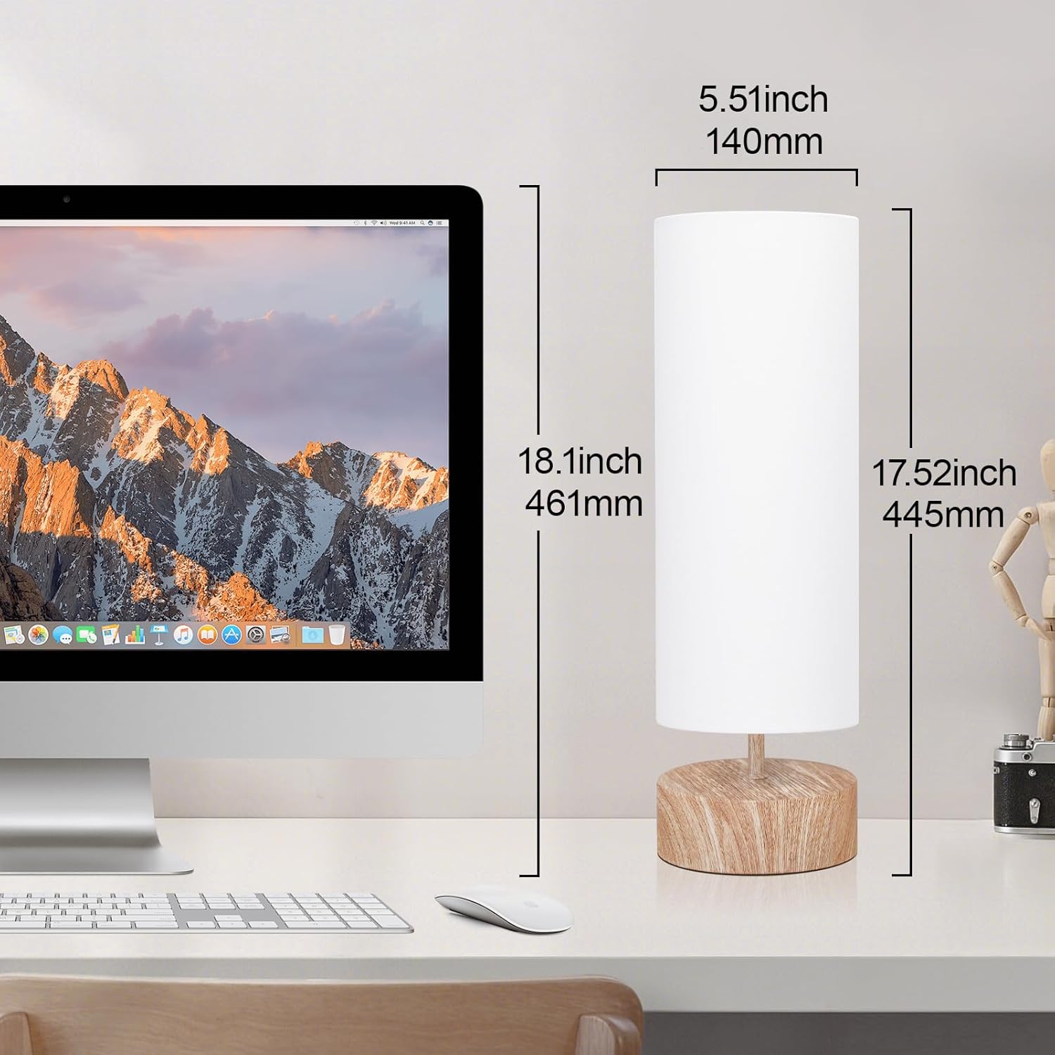 Touch Table Lamp with Metal Base Covered with Wood Grain, 3 Way Dimmable Bedside Nightstand Lamp with White Shade, Simple Night Light for Bedroom Living Room Home Office, LED Bulb Included