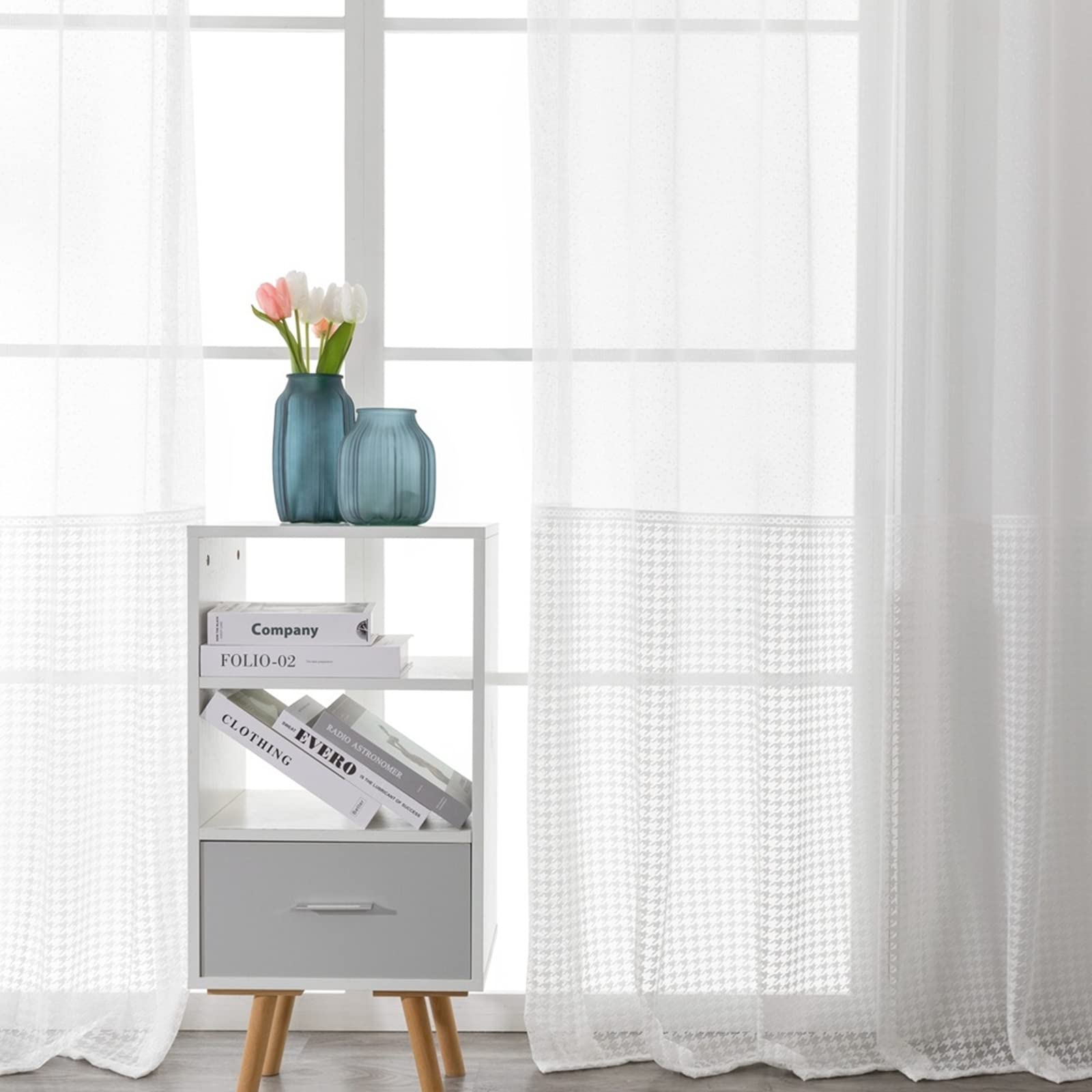 Tende Voile in Poliestere Trasparenti, Tende Due Pannelli Finestra Occhiello Griglia Tende per Stanzetta e Soggiorno 86x138CM Bianco