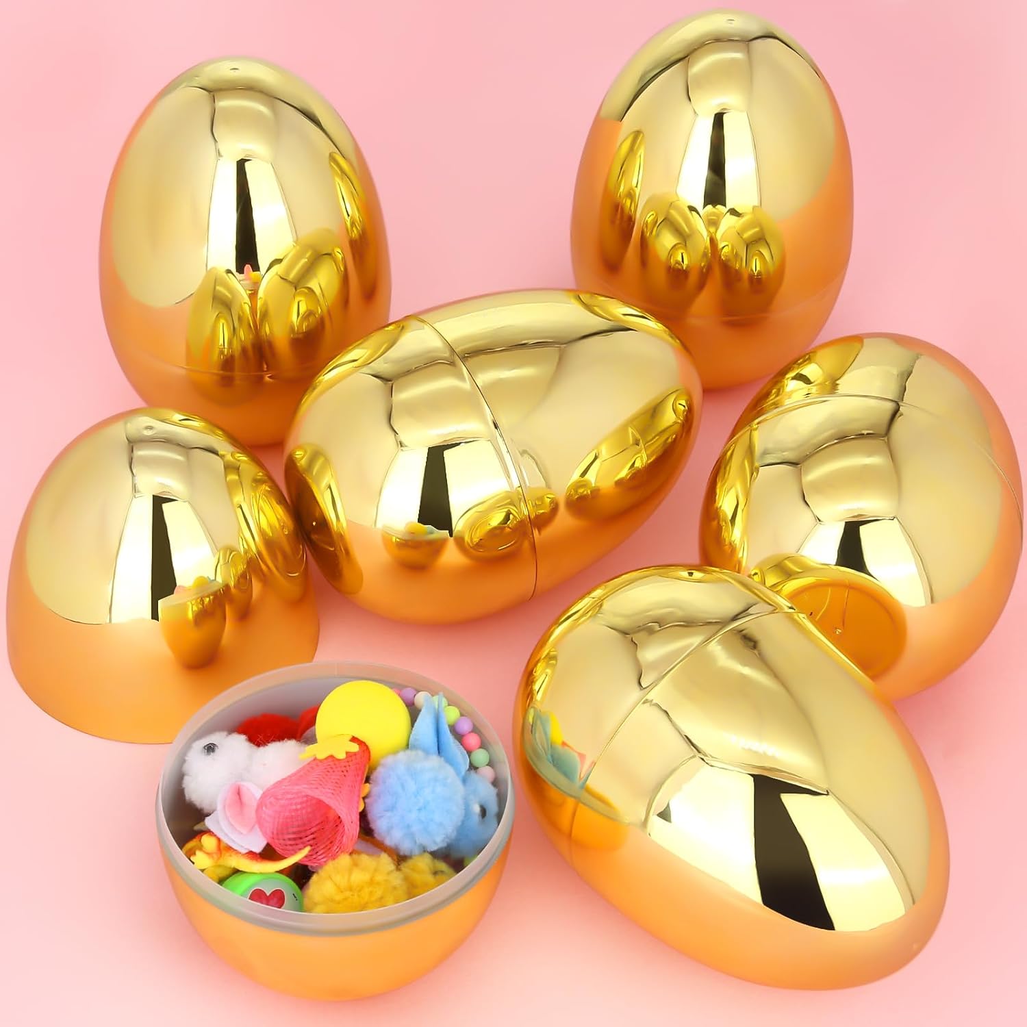LEASEN 6 Pack Jumbo Gold Easter Eggs, 6 Inch Large Metallic Giant Empty Plastic Eggs Fillable for Easter Themed Party Hun, Basket Stuffers Fillers, Easter Party Favor