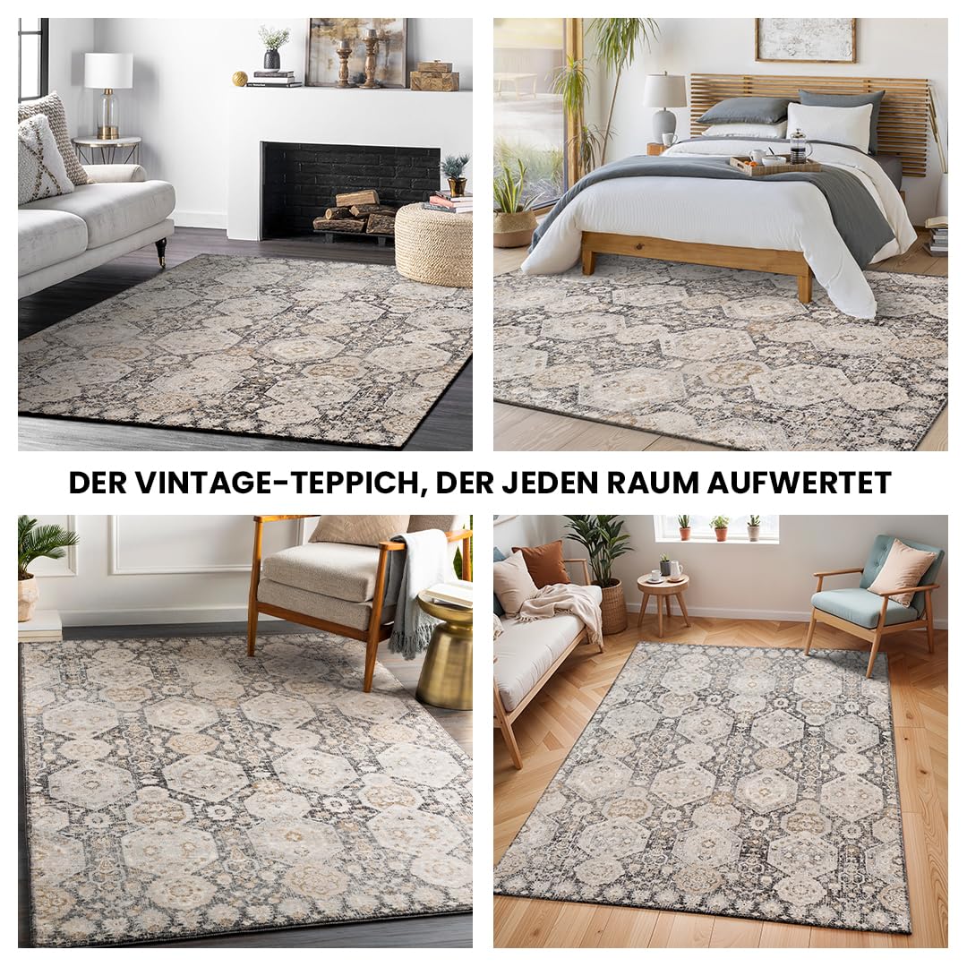 Livabliss Djelfa Vintage Teppich groß - Orientalischer Teppich Wohnzimmer 200x275 cm, Esszimmer, Schlafzimmer - Boho Kurzflor Teppiche für einfache Pflege - Schwarz, Grau, Senfgelb, Beige