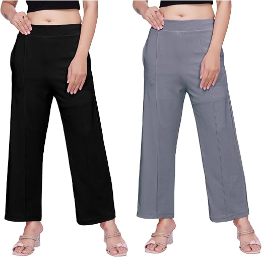 Seemoo Women Pack of 2 Cotton Trousers Combo Straight Fit Cigarette Pants Regular Fit Office Wear Pants for Women Casual F...