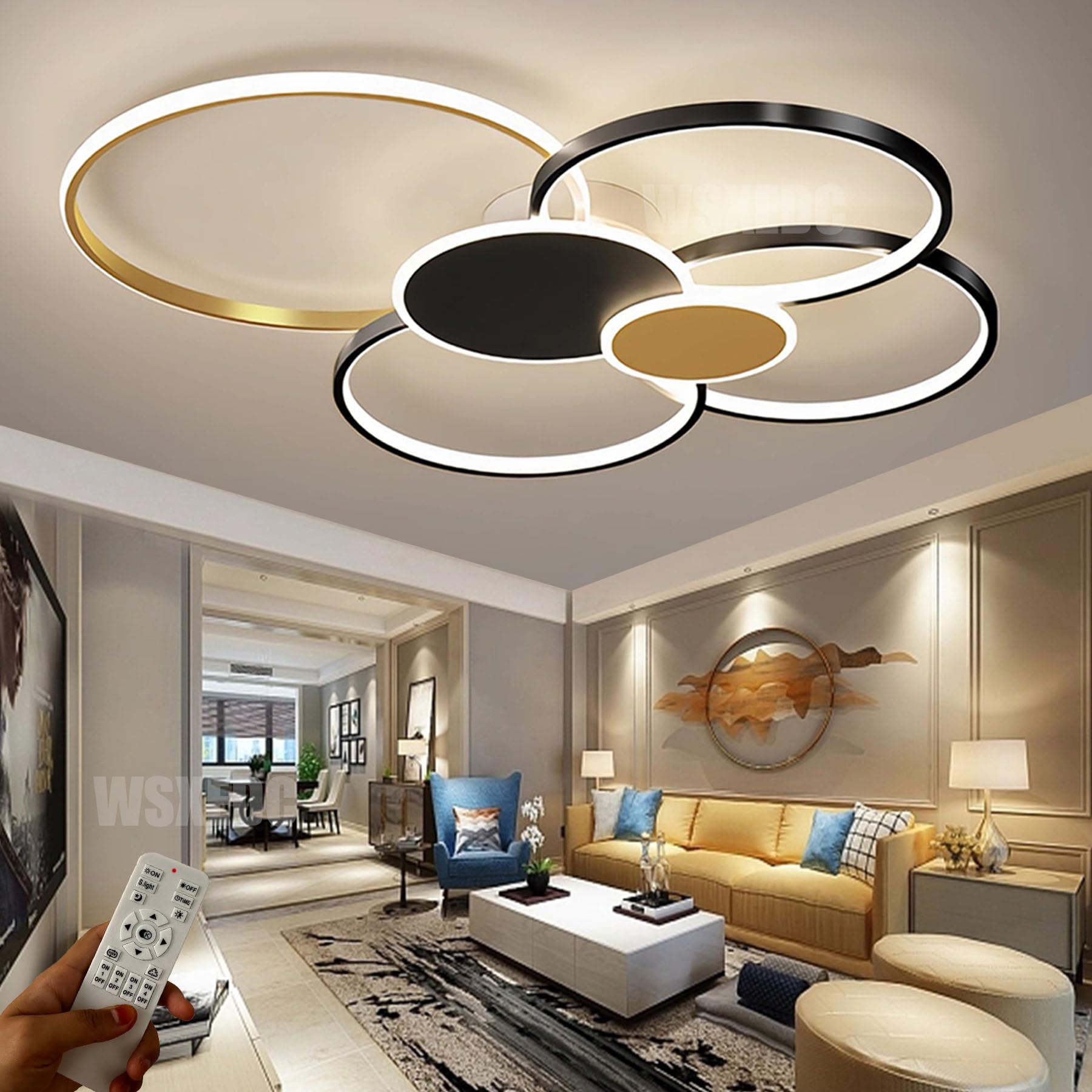 WSXEDC Dimmable LED 6 Ring Living Room Light LED Ceiling Light Modern Black-Gold Creative Ceiling Lighting Interior Ceiling Spots Eye Care for Bedroom Office Dining Room Youth Room L80cm 71W
