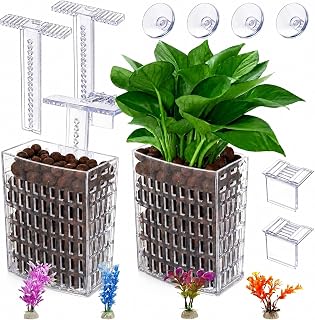Aquarium Plant Holder Adjustable,2 Pcs with 4 Artificial Decorations | Extendable Hook and Suction Cup for Fish Tank Aquaponic Plant Cultivation and Aquascape Accessories Decorations Transparent