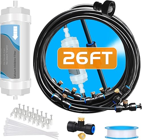 Sistema de nebulización con filtro de agua  Línea Signice mejorada de 26 pies (26.2 ft) y 7 boquillas de niebla de latón para exteriores para patio,