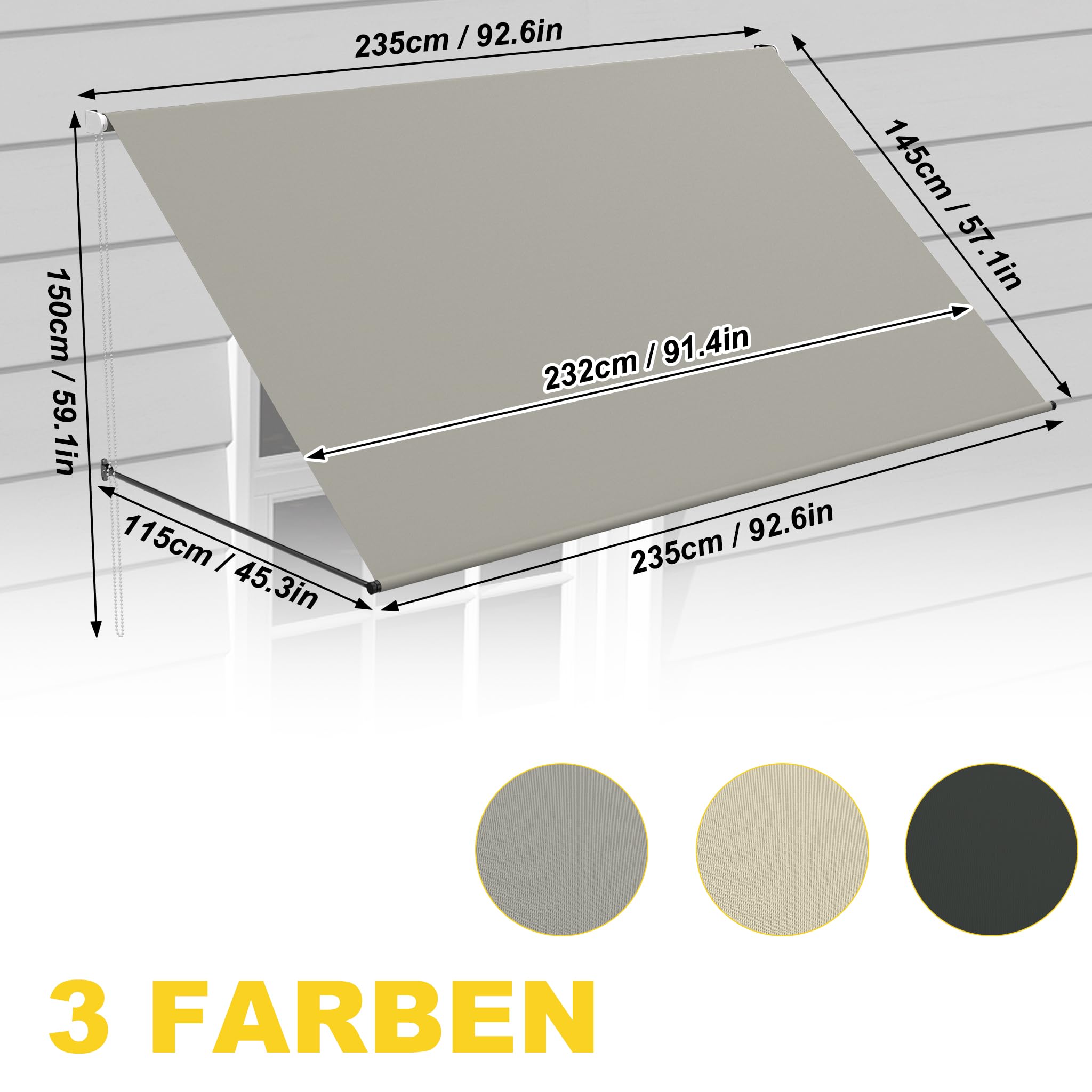 FIVMEN Fallarmmarkise Markise Einziehbar mit Kordel und Aluminium Stützstange Balkonmarkise Sonnenmarkise Sonnenschutz für Fenster Terrasse Balkon 235x145 cm, Grau