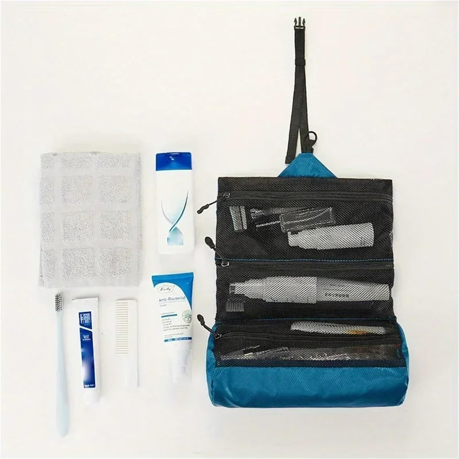 Borsa da toilette pieghevole viaggio 1 pezzo portatile for lavaggio a secco e bagnato con separazione for trucco donna impermeabile Per Viaggi(Dark Blue)