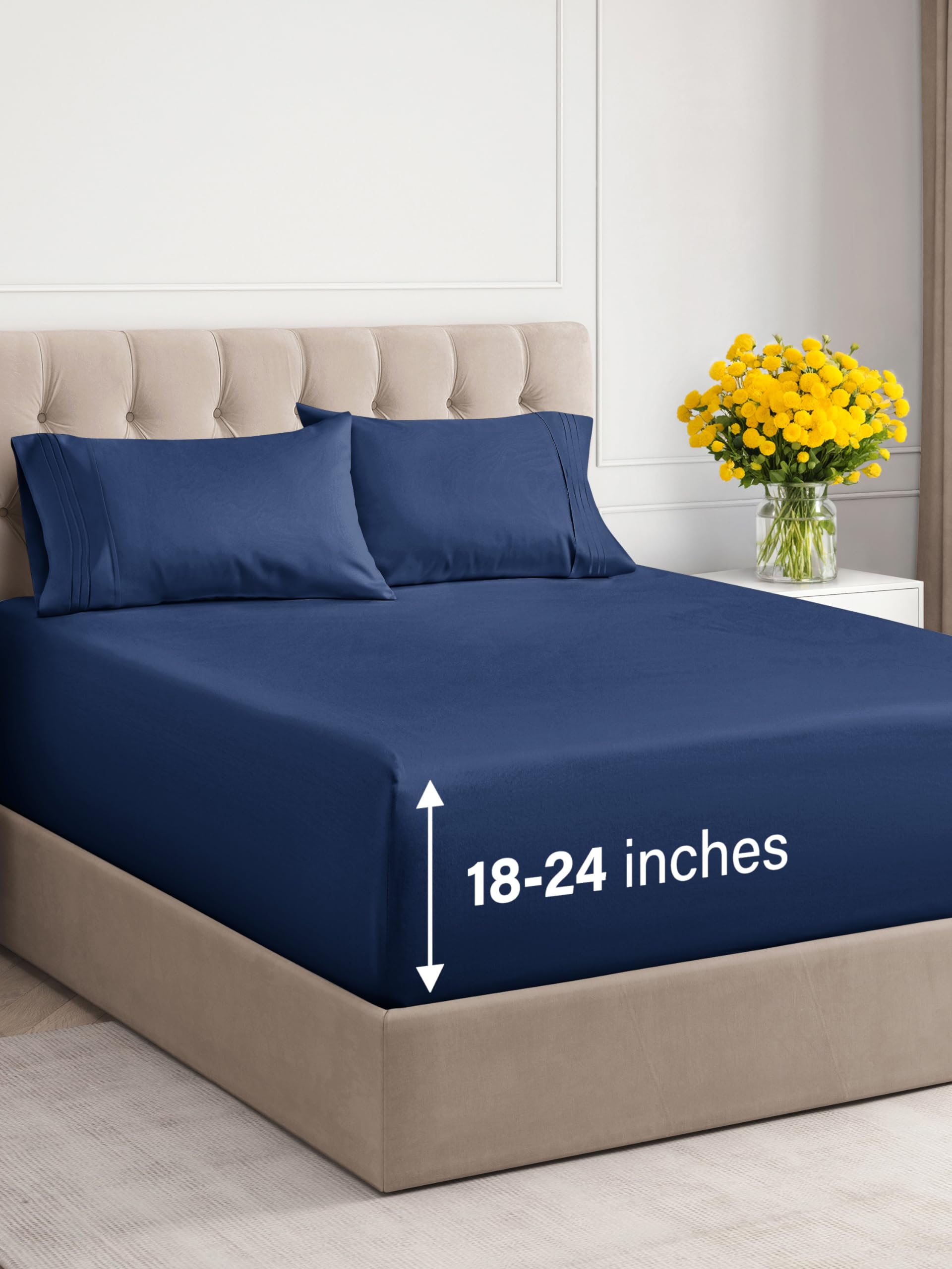 Extra Deep Pocket Full Sheets - 4 Piece Breathable & Cooling Bed Sheets - Hotel Luxury Bed Sheet Set - Soft, Wrinkle Free & Comfy - Easily Fits Extra Deep Mattresses - Deep Pocket Navy Blue Sheets Set