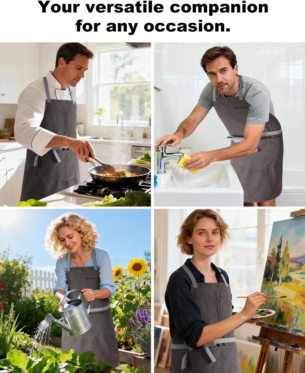 Chef Apron w/Pockets, Adjustable Strap for Cooking & Gardening | Equipped with 3 Large Multi-use Pockets, Wear-Resistant Fabric, Easy Clean, Ideal for BBQ Baking Craft for Men Women