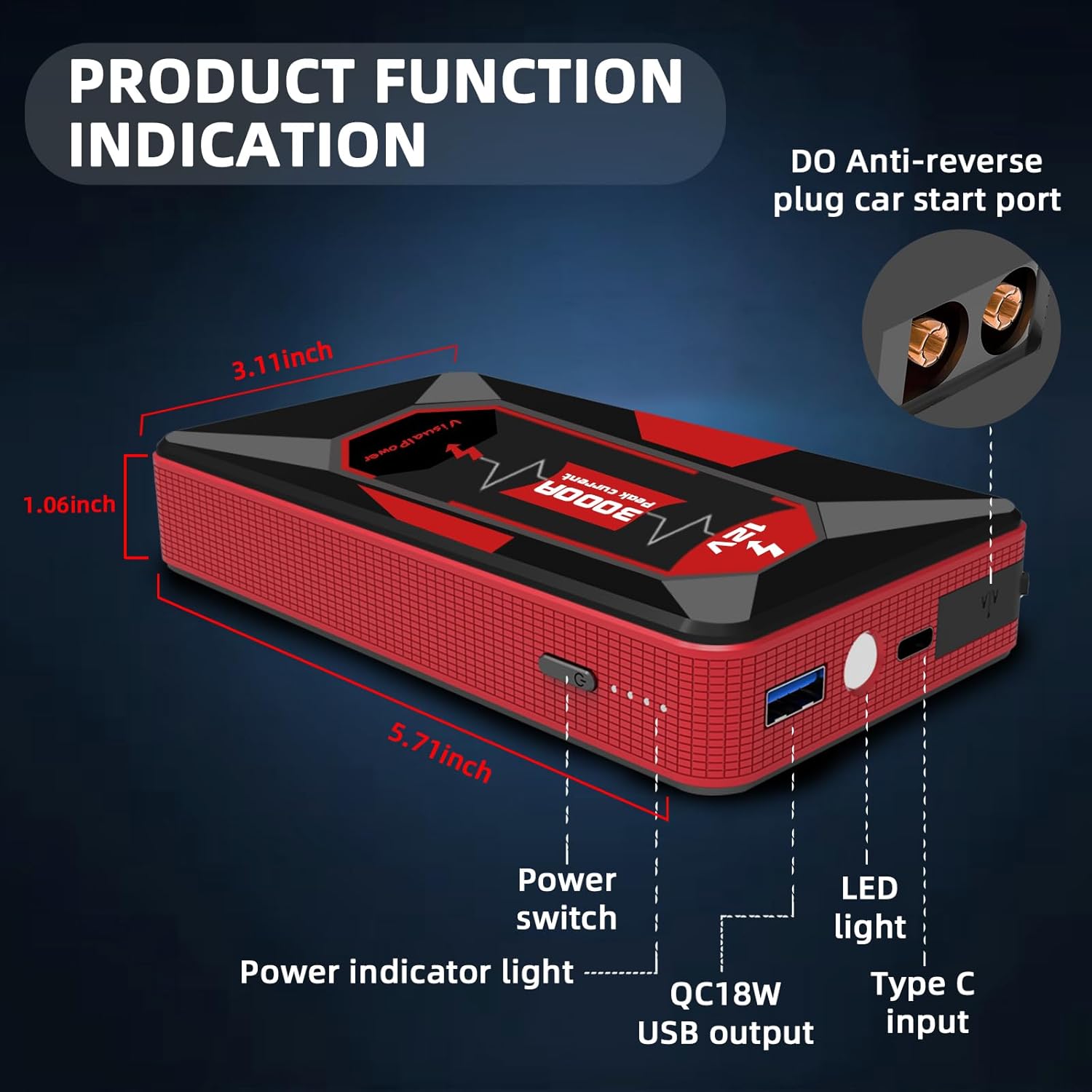 3000A Portable Car Jump Starter, 12V Battery Booster for 6.0L Gas/4.0L Diesel, 9 Safety Protections, Power Bank, 3-Mode LED Flashlight & Hard Case