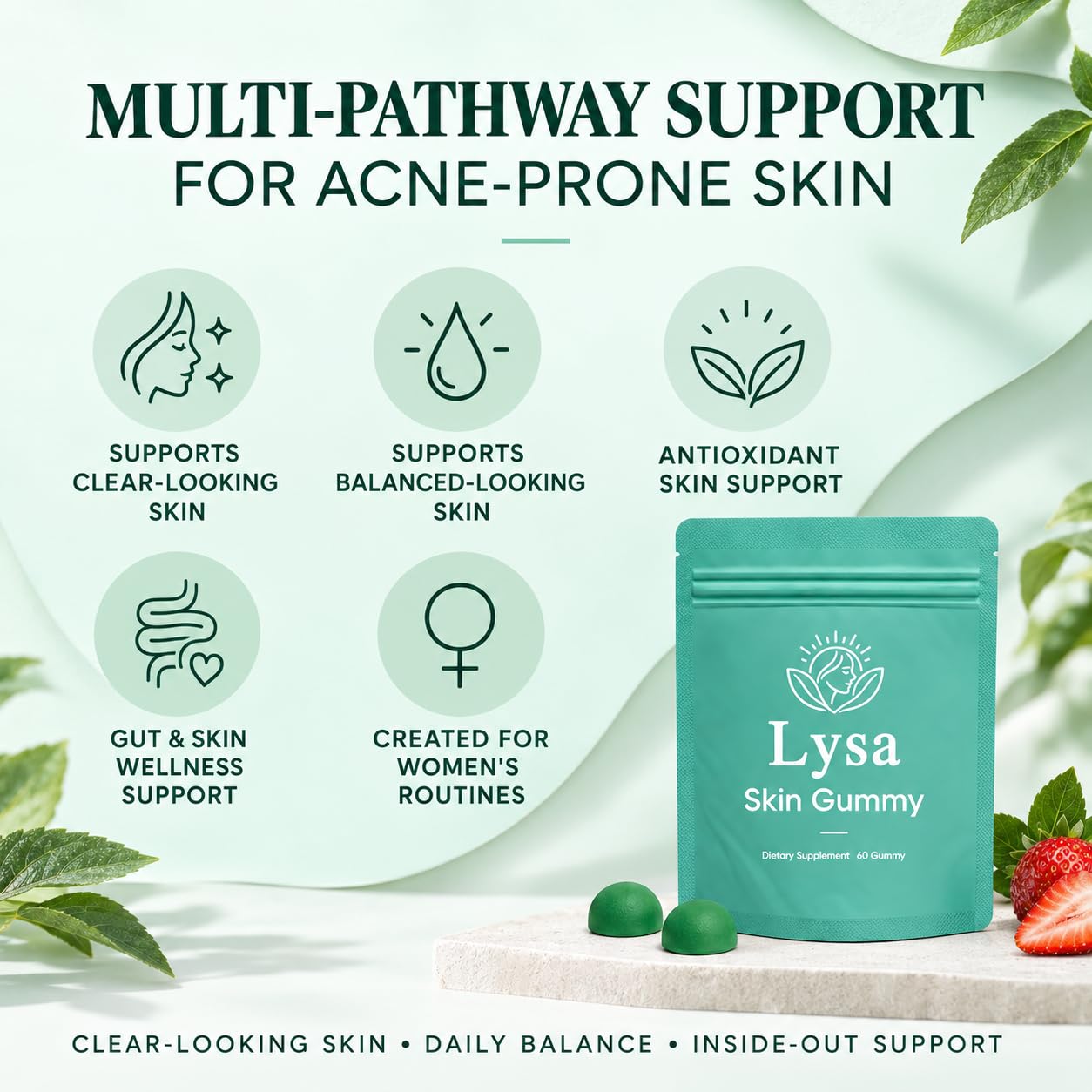Lysa Acne Gummies for Women, Ritual Daily Beauty Gummies, Strawberry-Flavored Nutritional Supplement, Acne Treatment & Daily Wellness Support, 60 Gummies — Amazon image 4