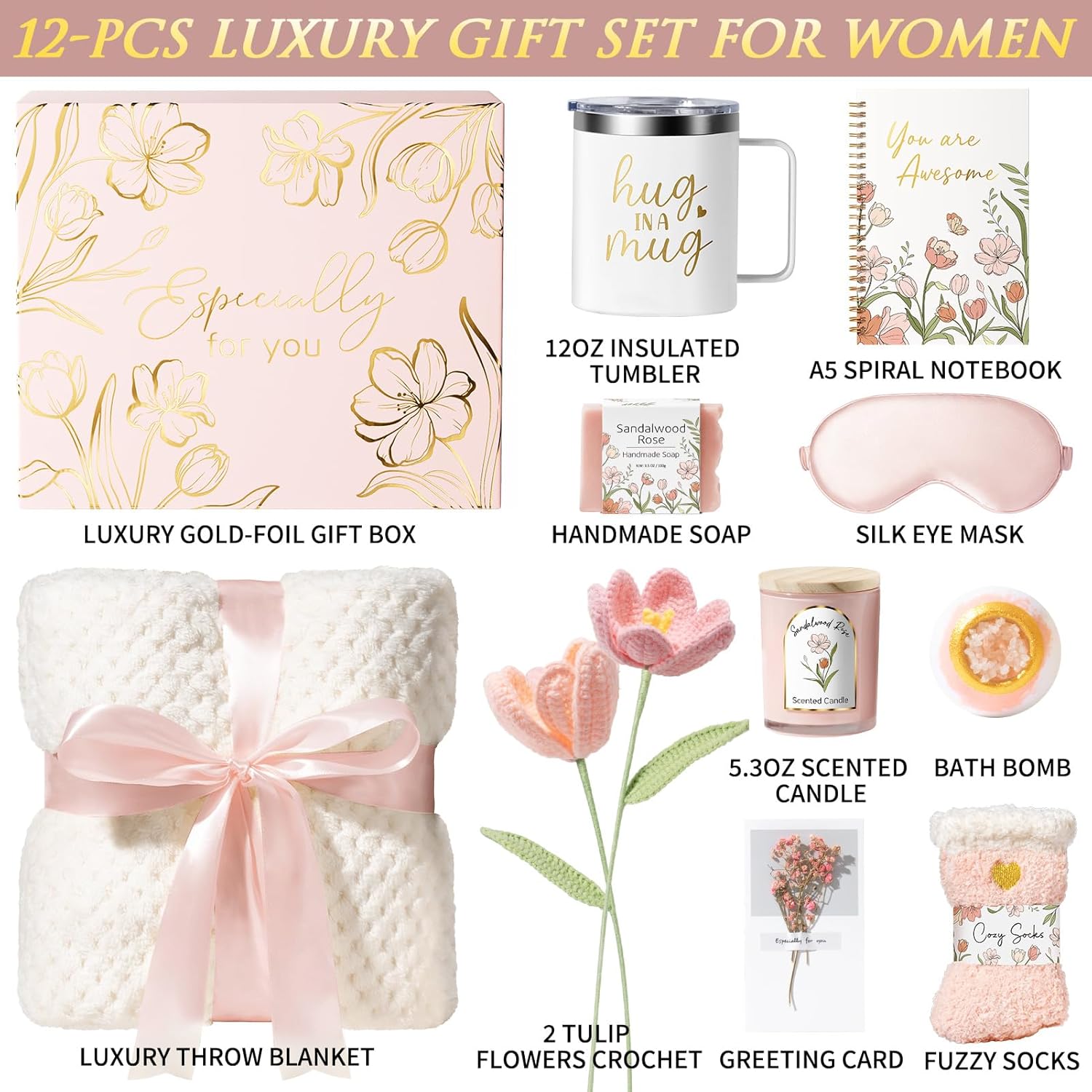 Mothers Day Birthday Gifts for Women Self Care Package, Get Well Soon Gift Baskets for Women Spa Gifts Set, Unique Thinking of You Inspirational Sympathy Gift Baskets for Mom Her Wife Friend Sister
