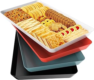 WOWBOX 4 pcs Serving Tray for Entertaining, Serving Platters for Snacks, Fruit, Cookies, Dessert, Reusable Plastic Trays for Serving Food, (White, Black, Green, Red)