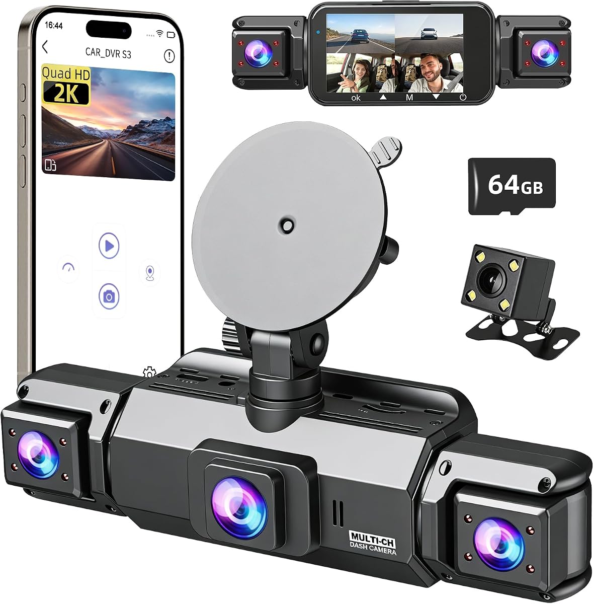 360 View 4 Channel Dash Cam Front and Rear Left Right Inside Camera for Cars, 5G Band WiFi, G-Sensor，Night Vision, 170 Wide Angle, WDR, 24H Parking Mode, Supercapacitor, Included 64GB Card