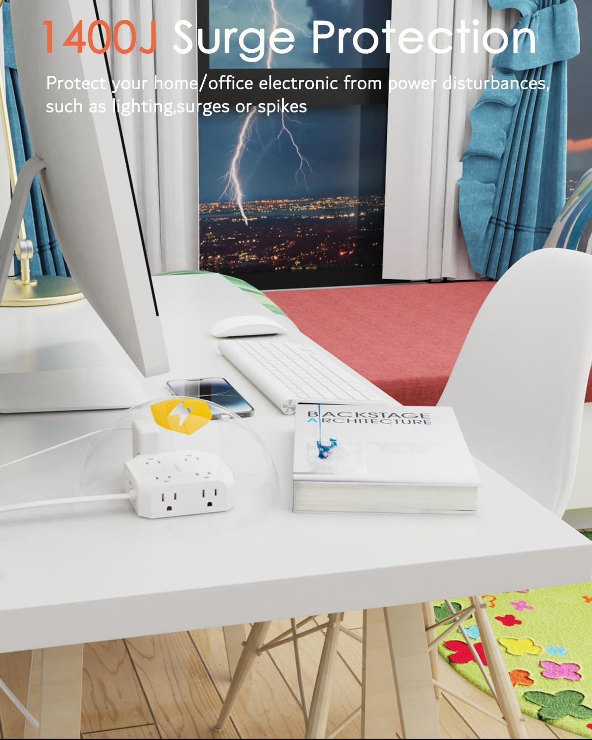 2 Prong Power Strip, WRXDMC 2 Prong to 3 Prong Outlet Adapter, 1400J Two Prong Surge Protector, 15ft Long Extension Cord, 8 AC Outlets with 2 USB C and 2 USB A Port, Wall Mountable,Ideal for Old House