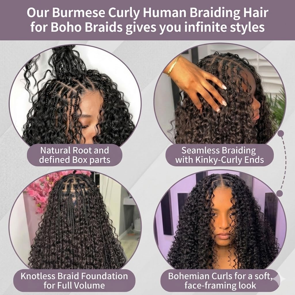 VIPbeauty Burmese Curly Human Hair Bundles 15A Virgin Burmese Curly Crochet Human Hair for Boho Braids and Bohemian Knotless Styles 100% Human Hair Braiding Hair Natural Color 300g 16 16 16 inch