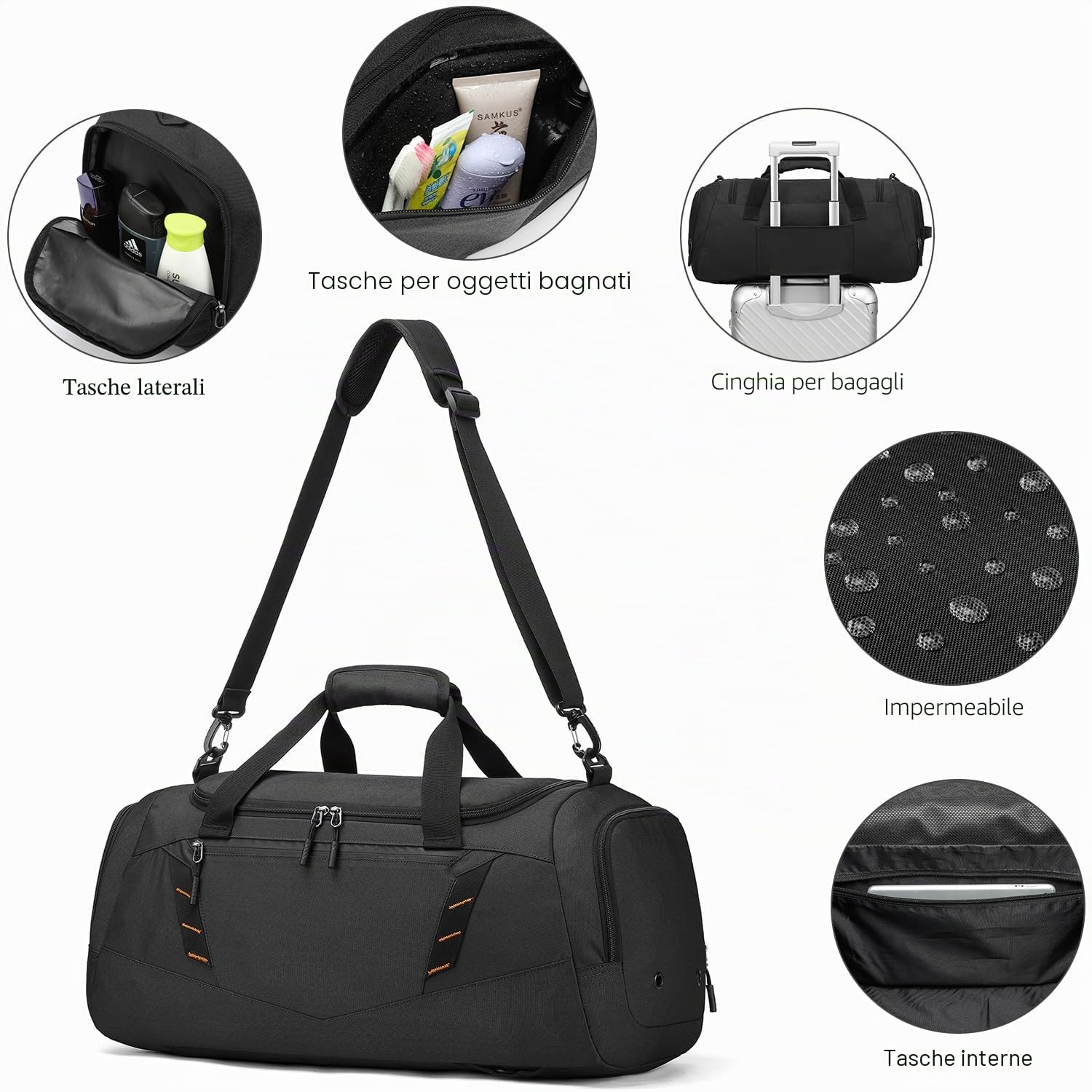 Borsone Palestra Uomo Donna 40L Borsa Sportiva con Portascarpe e Tasca Umida Borsone da Viaggio con Funzione Zaino per Fitness, Sport, Gym, Campeggio, Nero