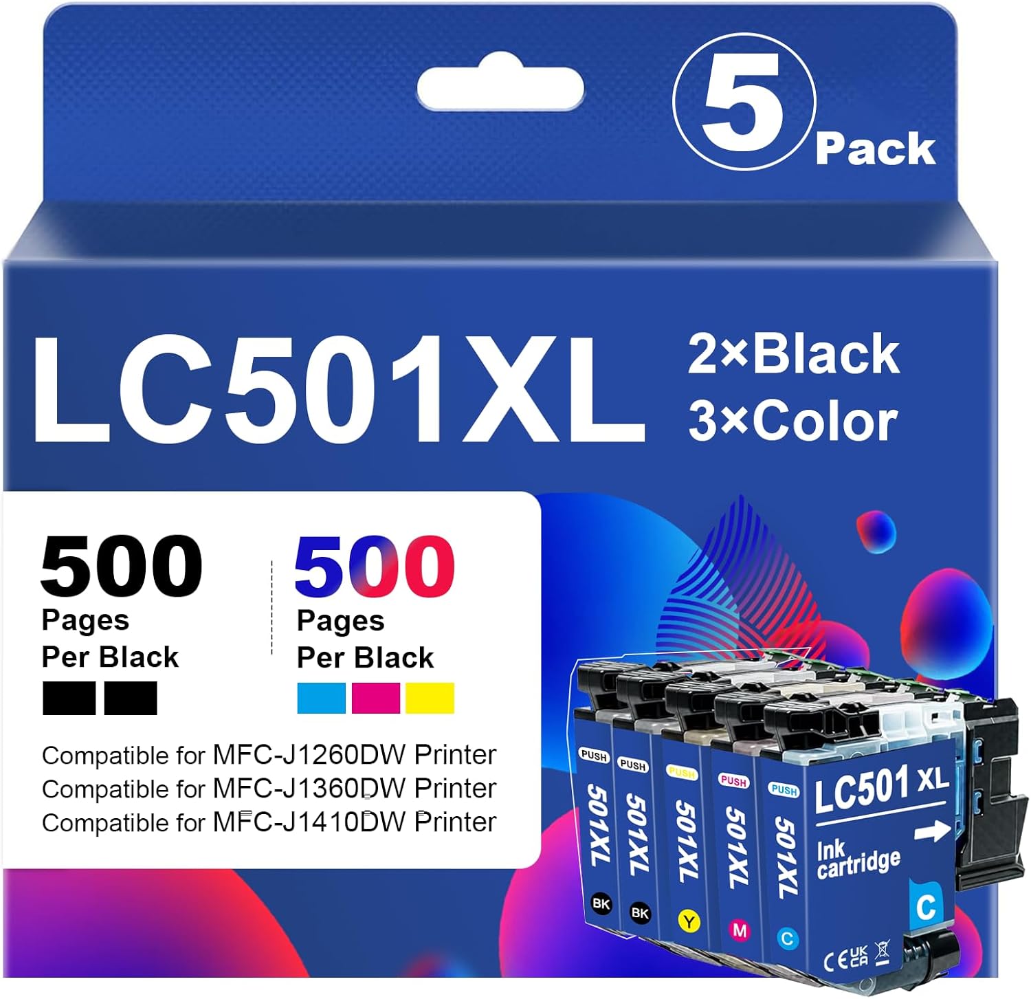 5 Pack LC501XL High Yield Ink Cartridges Compatible for MFC-J1260DW, MFC-J1360DW, MFC-J1410DW Printers (2Black, 1Cyan, 1Magenta, 1Yellow)