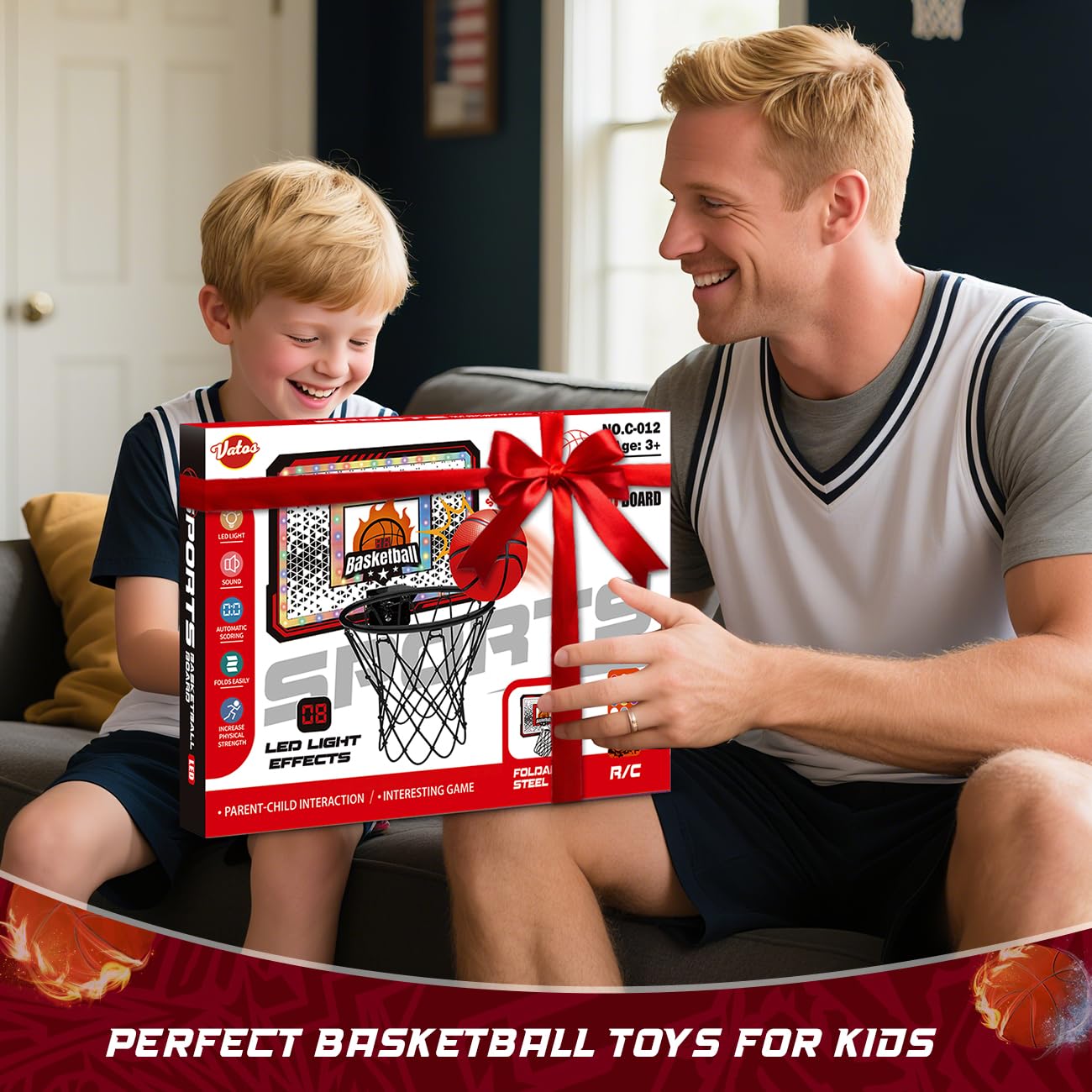 VATOS Aro de baloncesto para interiores, marcador de luz LED con control remoto, juego de baloncesto sobre la puerta, juguete de dormitorio para niños de 3 a 8 años