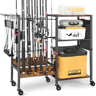 Fishing Rod Holders, Rolling Fishing Rod Rack for Garage & Boat, Tackle Box & Reel Holder Cart, Easy Assembly Fishing Gear Management System, Ideal Birthday Gift to Men Dad Anglers