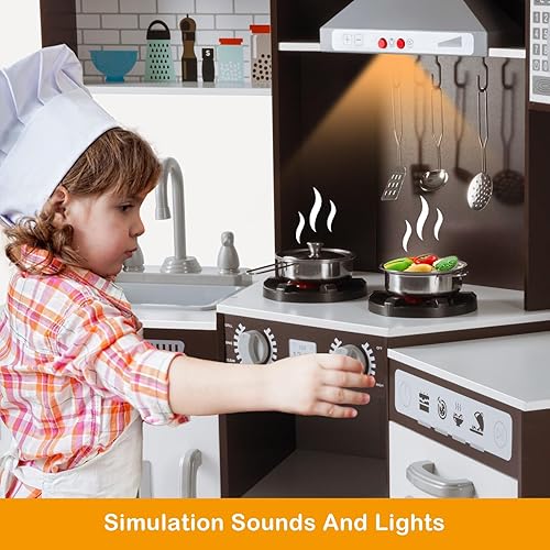 Miniatura 5 de JOYLDIAS Juegos de cocina para niños esquina de madera juguetes de cocina para niños pequeños con luces y sonidos realistas horno microondas