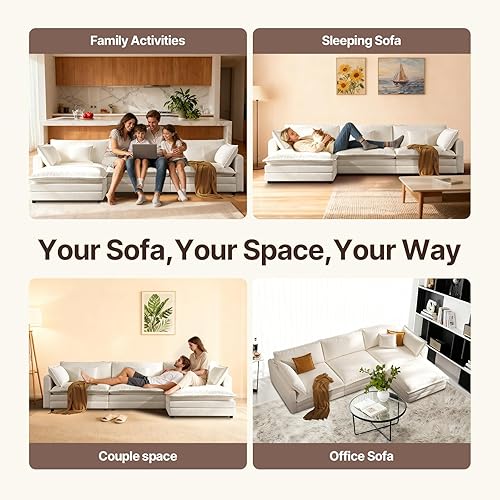 Miniatura 8 de Sofá modular de 102 pulgadas, color beige, sofás de nube para sala de estar, sofá en forma de L con otomana móvil, modernos sofás seccionales de