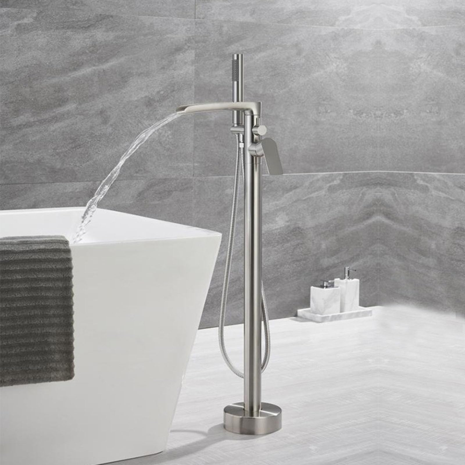 Miscelatore Vasca da Bagno con Cascata e Doccetta a Pavimento 2 Uscite Acqua Rubinetto Doccia Monocomando,Spazzolato