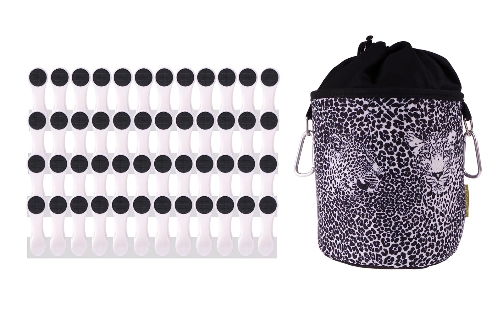 bellaCott 48 Clothes Pegs with Spiral Springs Soft Grip White Anthracite and 1 Clothes Peg Bag Leopard Black