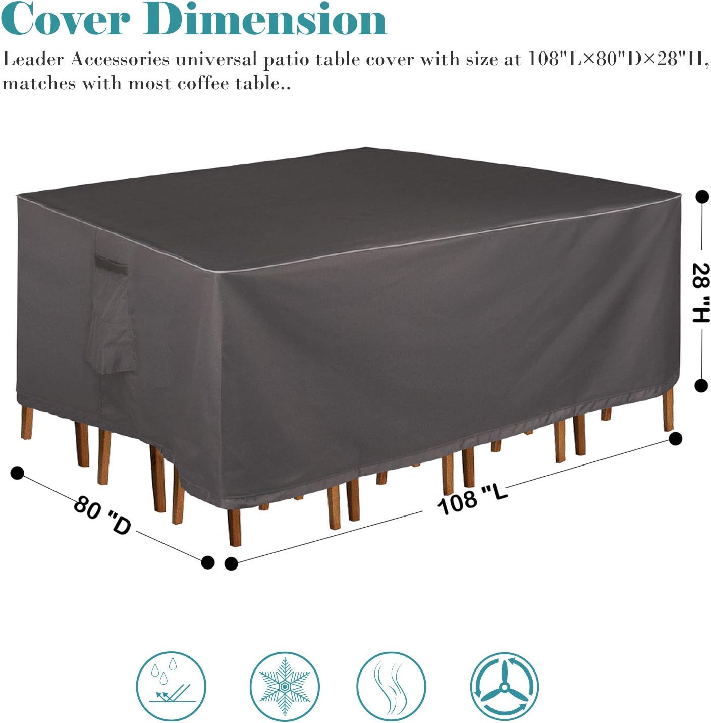 Leader Accessories Rectangular/Oval Patio Table Cover 600D Heavy Duty Dining Table Cover Outdoor Waterproof Patio Furniture Cover-Dark Grey(108"(L)×80"(W)×28"(H), Grey) : Patio, Lawn & Garden