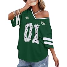 Women's Y2k Graphic Shirts Oversized Jersey Tops Number Print V Neck Off Shoulder Tees Football Streetwear