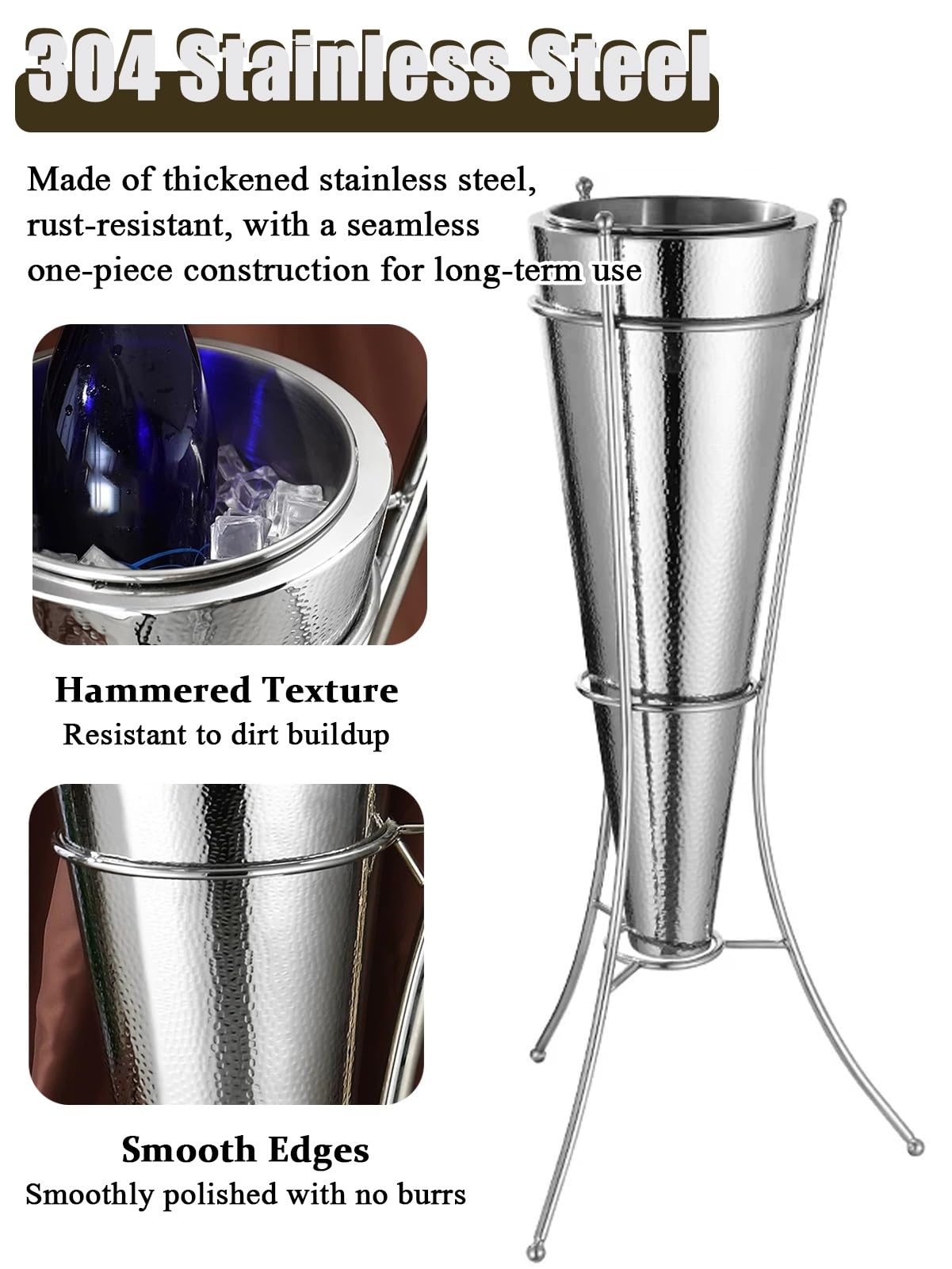 Bañera plateada de acero inoxidable con soporte, elegante cubo de hielo para champán y vino, enfriador grande de hielo martillado de pie para reuniones
