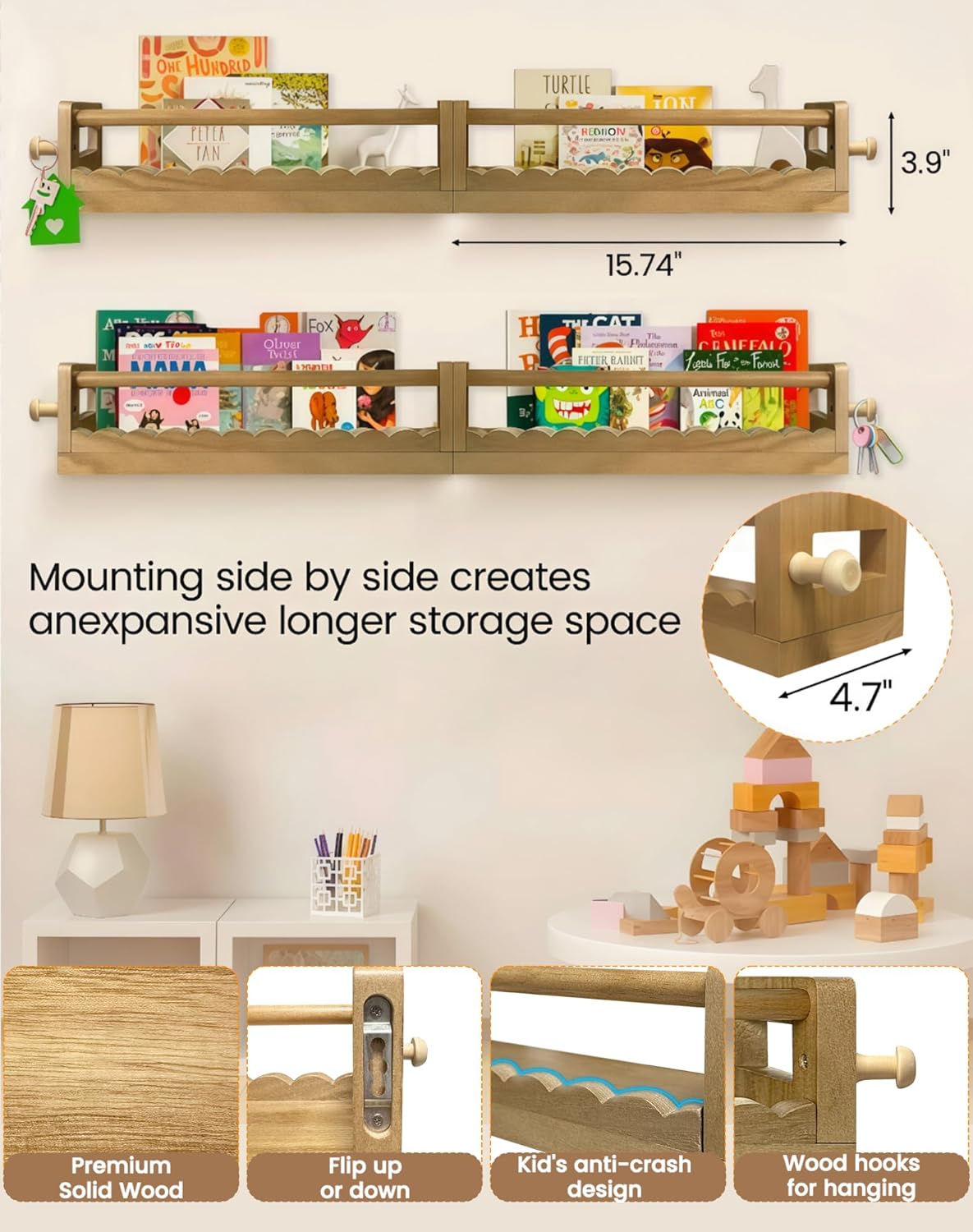 Kids' Wall Bookshelves – Set of 3 Scalloped Floating Shelves, 0.8" Thick Nursery Book Shelves with Wooden Hooks, Perfect for Boys & Girls – Decorative Wall Organizer for Toys, Photos & Decor, Brown