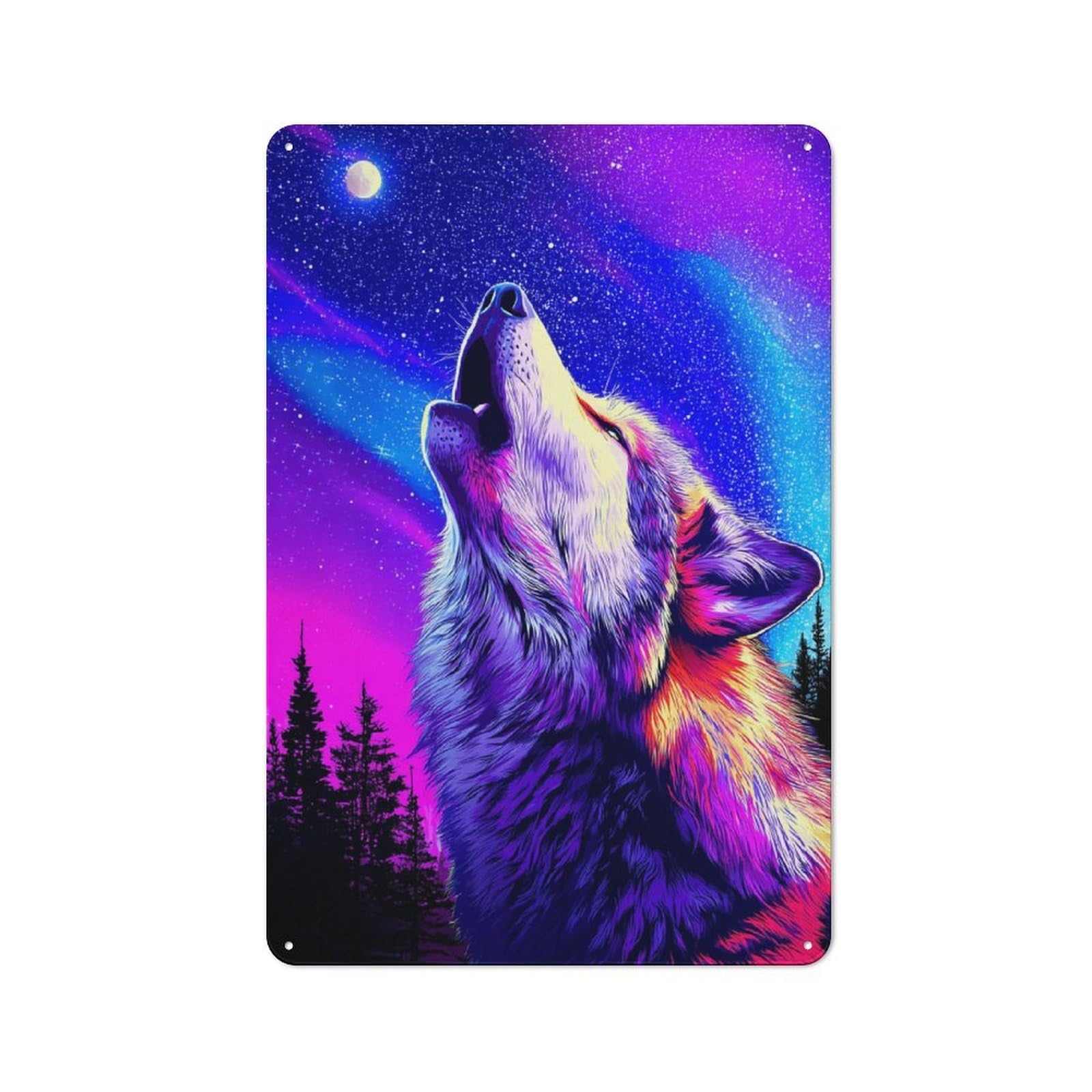 Junmoney Neon Wolf Howling At The Moon -3 Retro-Style Tin Sign 30X20cm For Home Bar Wall, With Clear Retro Wall Decor Character