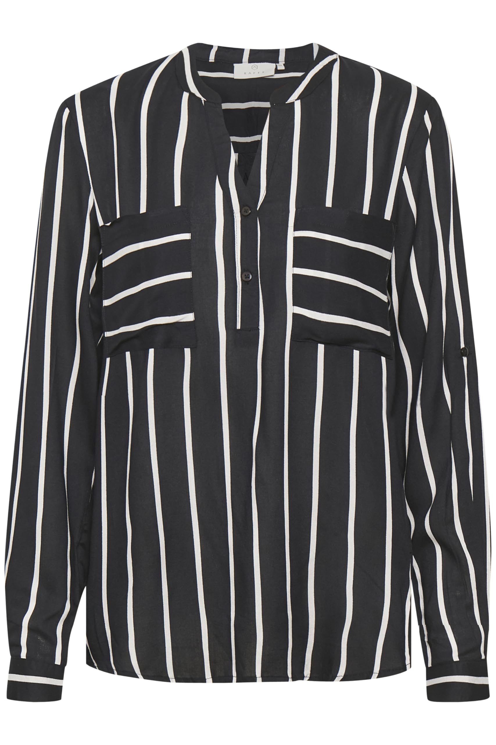 KAFFE Women's Blouse V-Notch Neck Long Sleeves Regular Fit Chest Pockets, Black/Chalk Stripe, XS