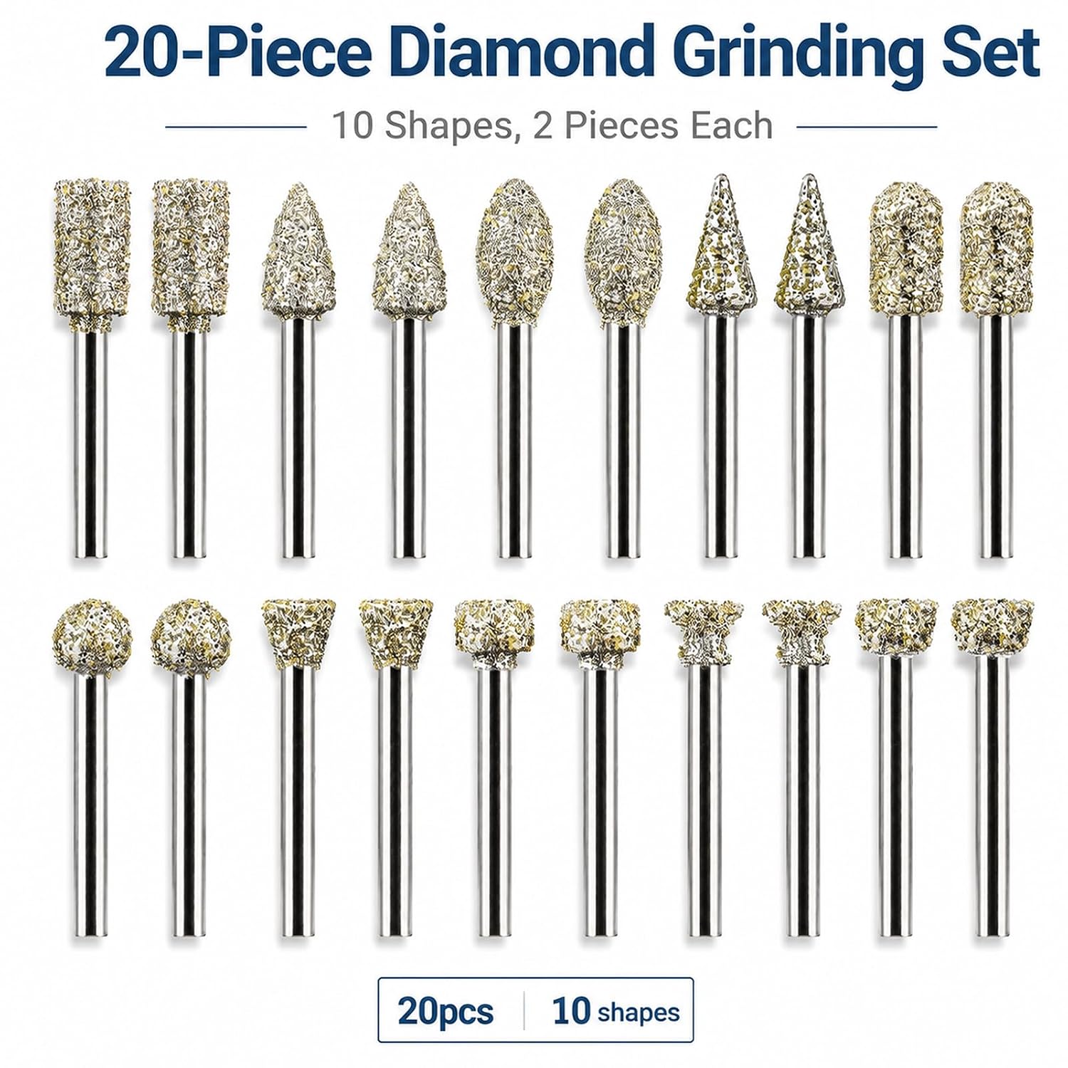 20Pcs 60 Grit Diamond Grinding Bits Compatible with Dremel Rotary Tool, Stone Carving Diamond Drill Bits with 1/8 Inch Shank for Stone Carving, DIY Grinding, Polishing, Engraving