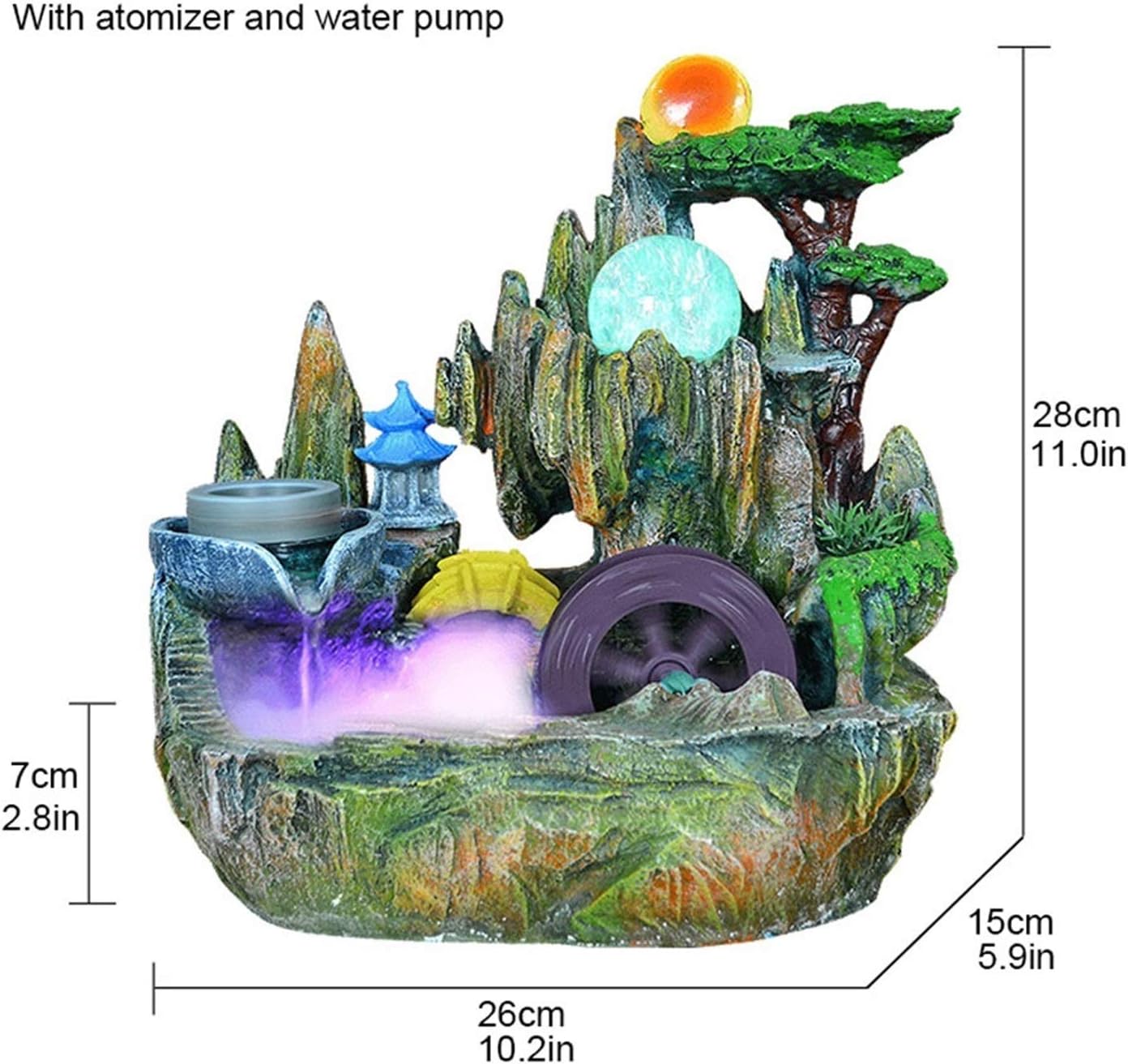 Tabletop Fountain Tabletop Fountain Indoor Small Rockery Desktop Mountain Cascading Waterfalls with Gazebo Waterwheel Rolling Ball for Feng Shui Lucky Decoration Gift Desktop Fountain