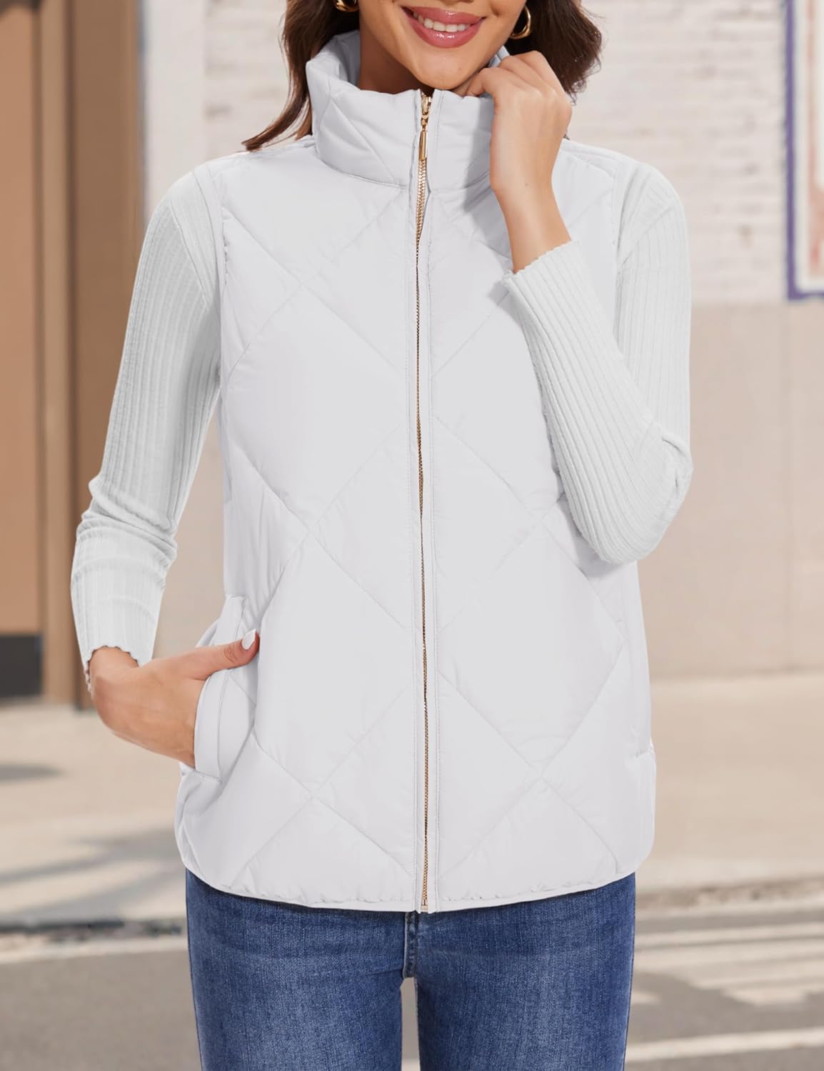 YUCOLEN Women's Quilted Vest Stand Collar Lightweight Zip Padded Gilet Sleeveless Jackets Coats Outerwear with Pockets - Image 2