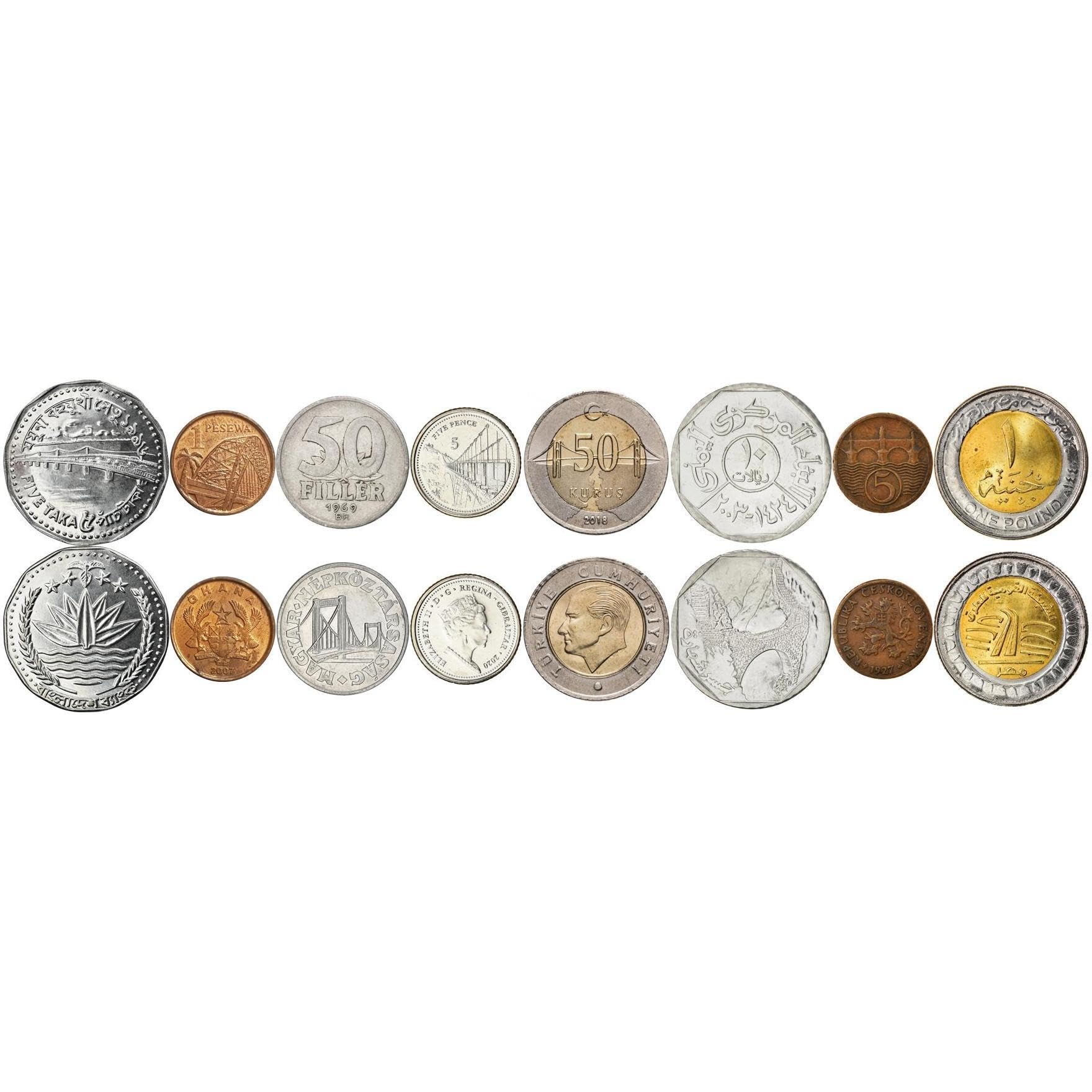 Bridge Coins Collection - Juego de 8 monedas con Elisabeth, Charles, Bosphorus, Jamuna, Shaharah y otros puentes