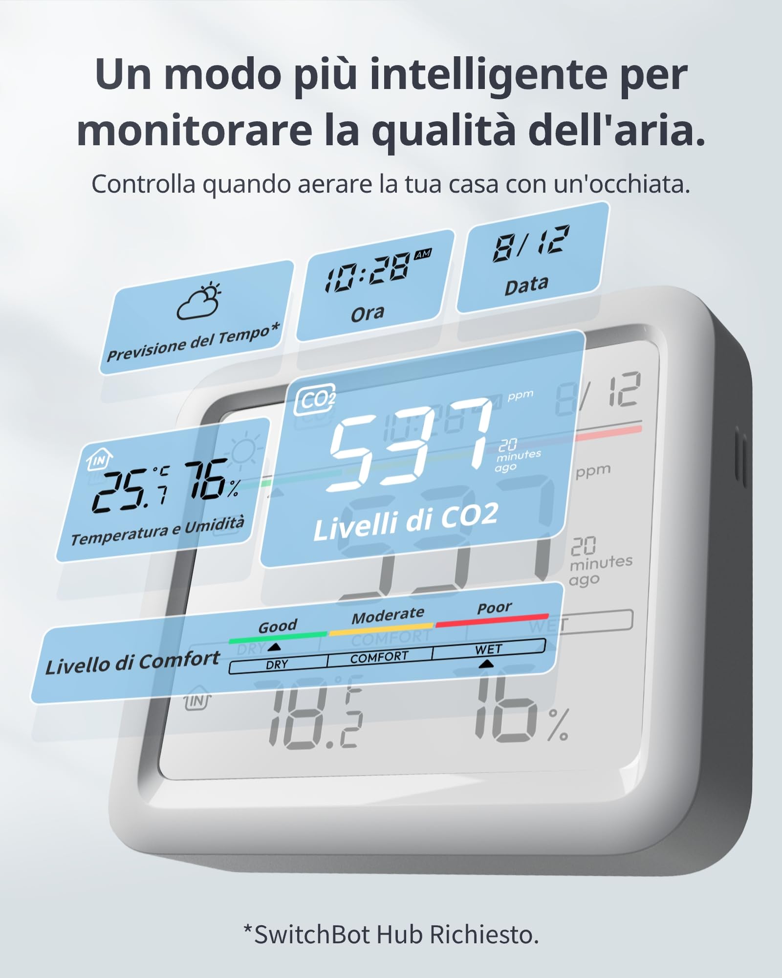 SwitchBot rilevatore di CO2, termometro ambiente interno con sensore CO2, ampio display, tester di qualità dell'aria Bluetooth, igrometro umidità casa