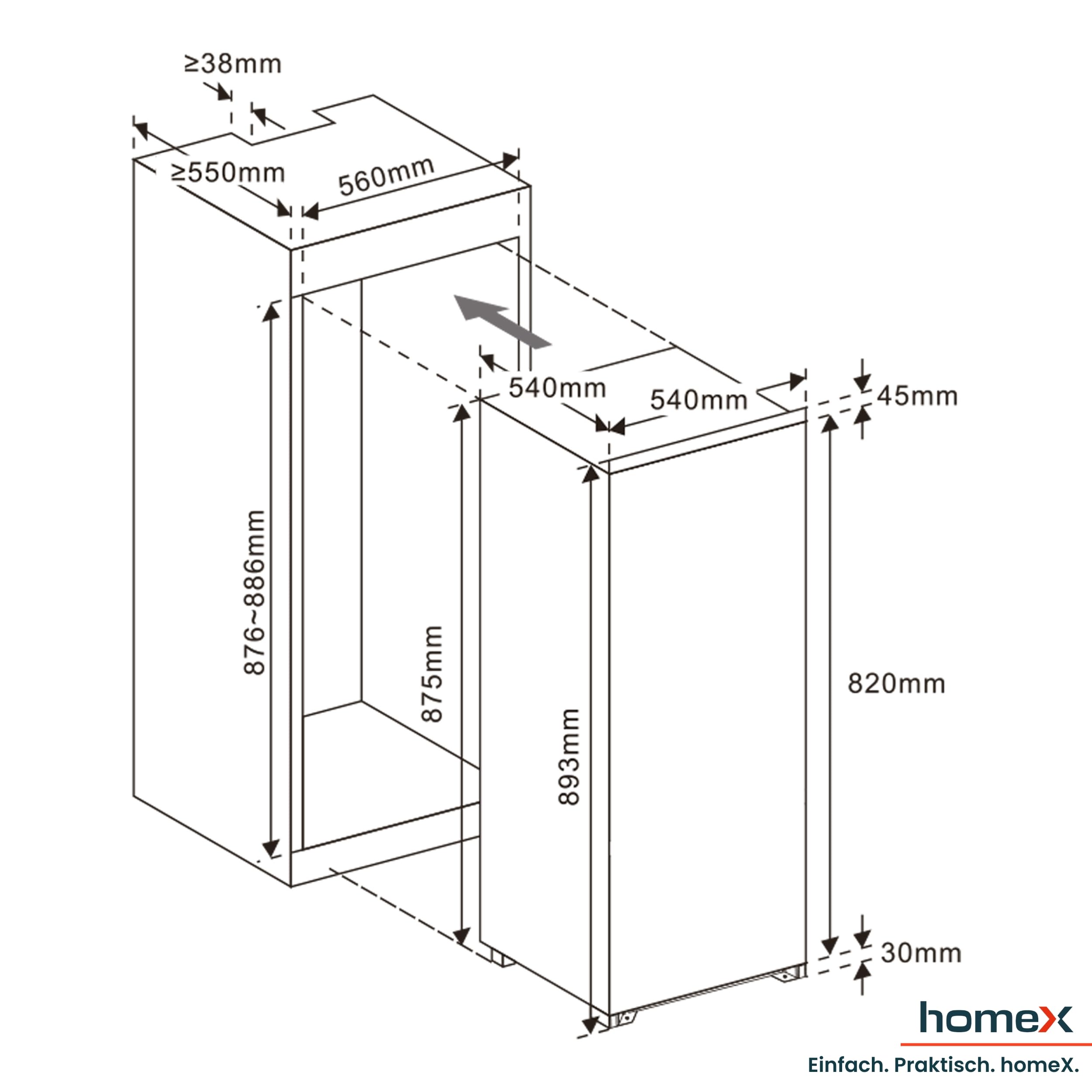 homeX Einbaukühlschrank 88cm Nische 129 Liter Schlepptürtechnik LED-Beleuchtung leise 37 dB CB1291E
