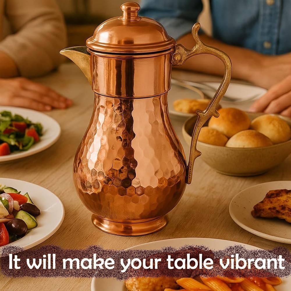 Pure Copper Water Pitcher Jug with Lid Vessel for Drinking Ayurveda Decorative Fancy Handmade Hammered Antique Rustic Vintage Decanter Carafe Kitchen Gallon Home Decor - Image 6