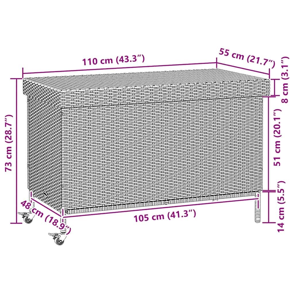 vidaXL Caja almacenaje jardín Ruedas ratán sintético Negro 110x55x73cm, Caja de Almacenamiento al Aire Libre, Almacenamiento de Cojines de jardín, Caja de Almacenamiento de Cojines