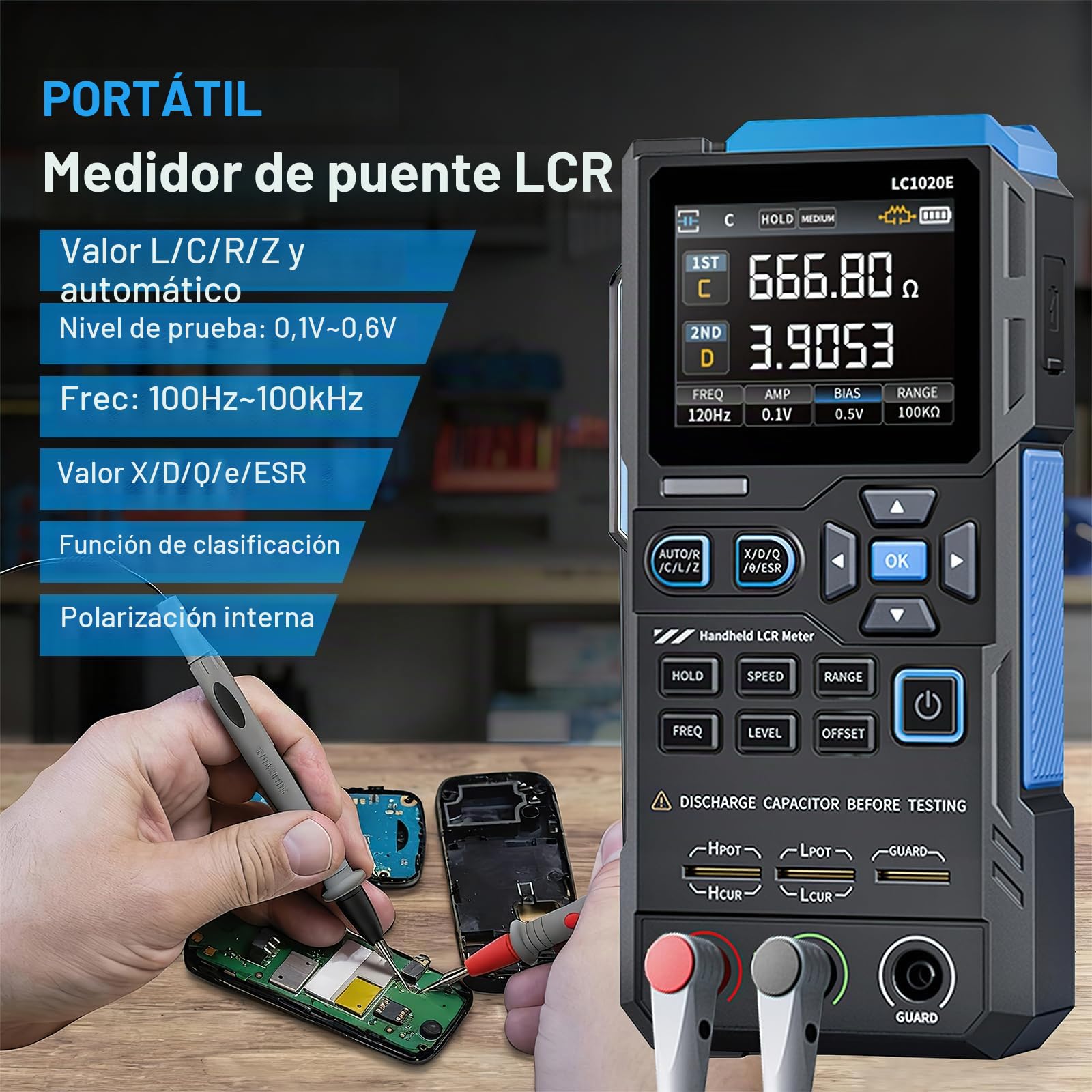 DEWIN Medidor Digital LCR ESR Portátil Puente Tester para Resistencia Capacitancia Inductancia Medición, Medidor LCR con Identificación Automática, Registro de Datos y Eliminación de no Linealidad