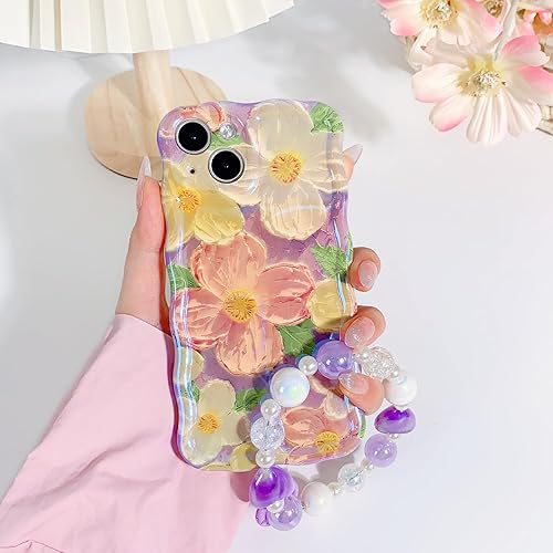 Miniatura 3 de NITITOP Funda compatible con iPhone 13, bonita funda de pulsera de flores de aceite moradas con bonita correa de muñeca con cordón de flores para