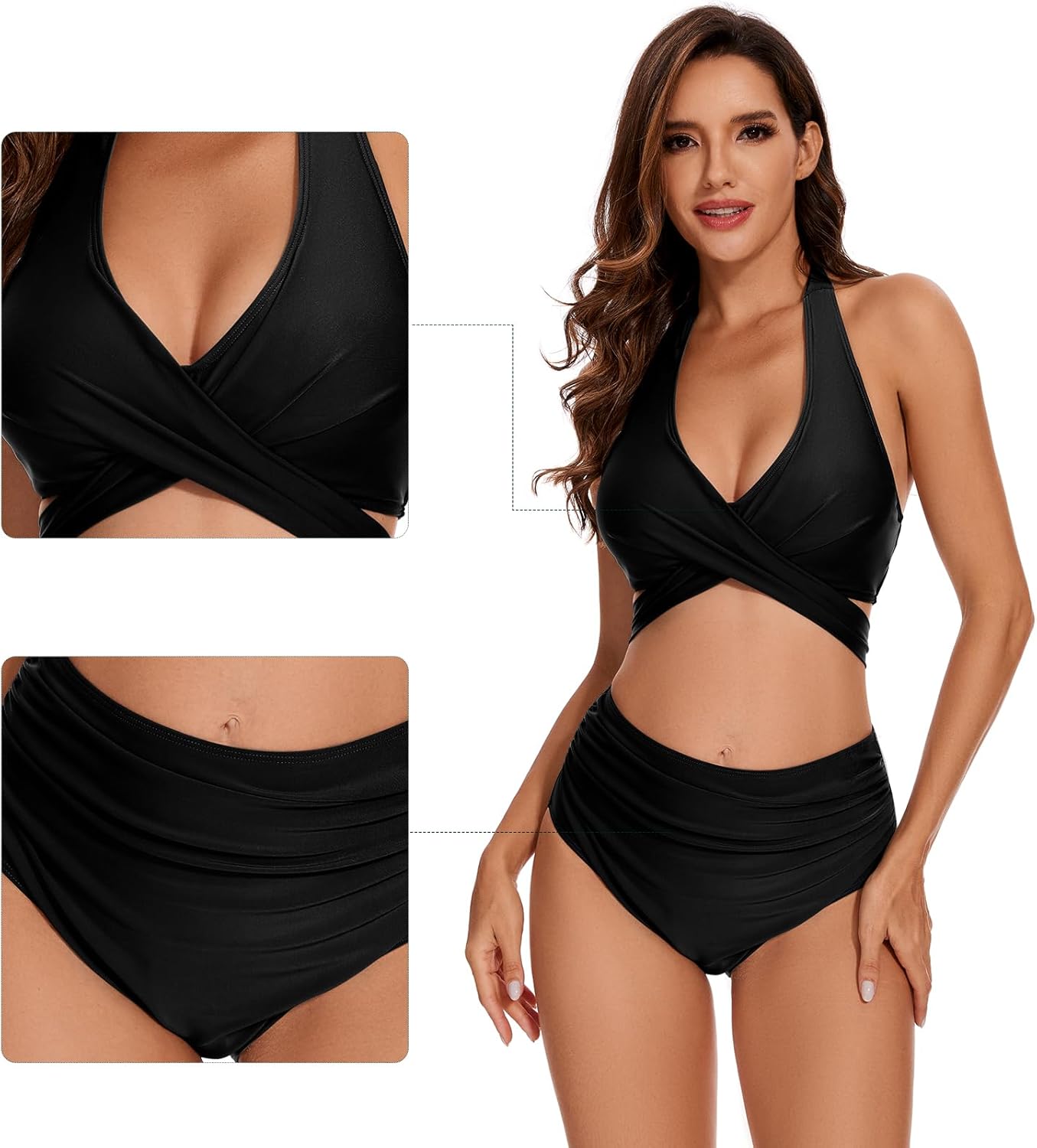 Womens High Waisted Bikini Sets Ruched Tummy Control Bathing Suits V Neck Cute Halter 2 Piece Swimsuits - Image 5