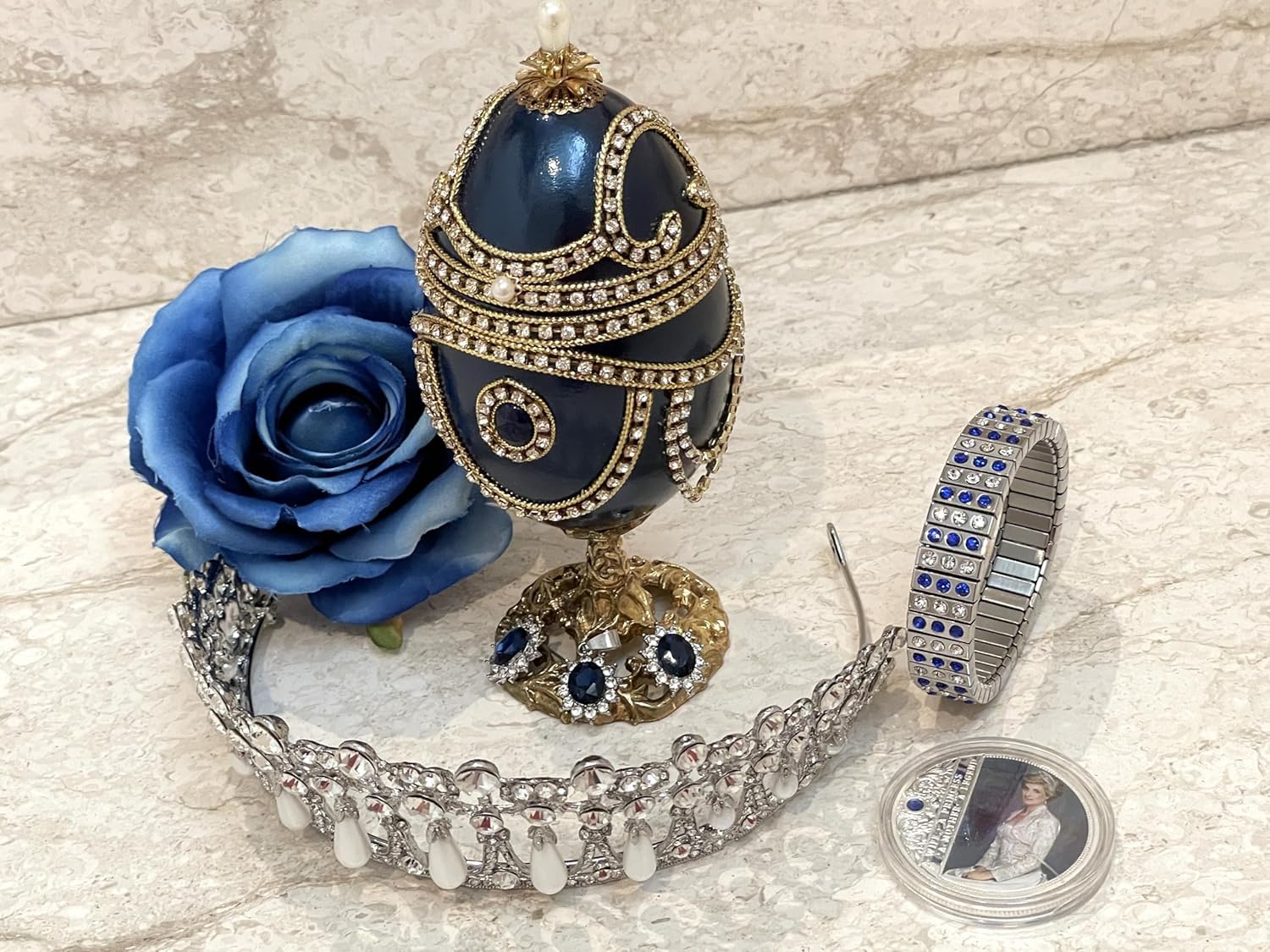 Pierre Lorren Exquisite Princess Diana Romanov Egg style SILVER TIARA Jewelry SET & Coin & Austrian Sapphire set 24kGold HANDMADE Natural egg SET Lady Diana MUSICAL Home Decor Collection