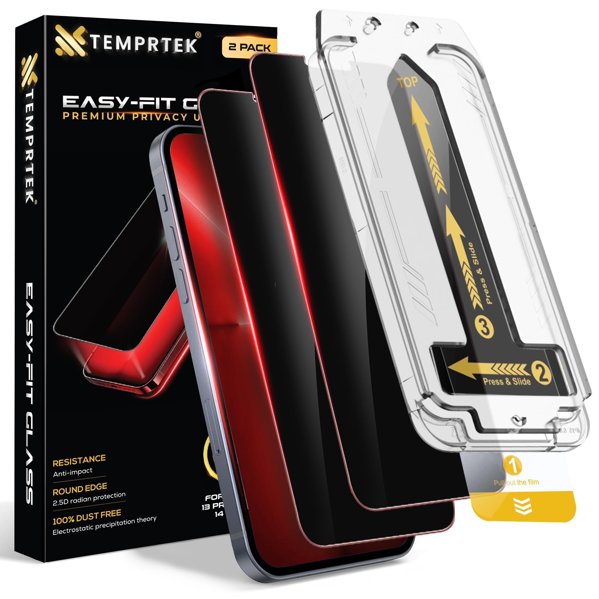 TEMPRTEK+ for iPhone 13 Pro Max/14 Plus Privacy Glass Screen Protector 2 Pack (9H+ Military Grade 3X Protection) Long Last Shatterproof Tempered Glass-Anti Scratch/Fingerprint [Full Coverage] Anti-Spy