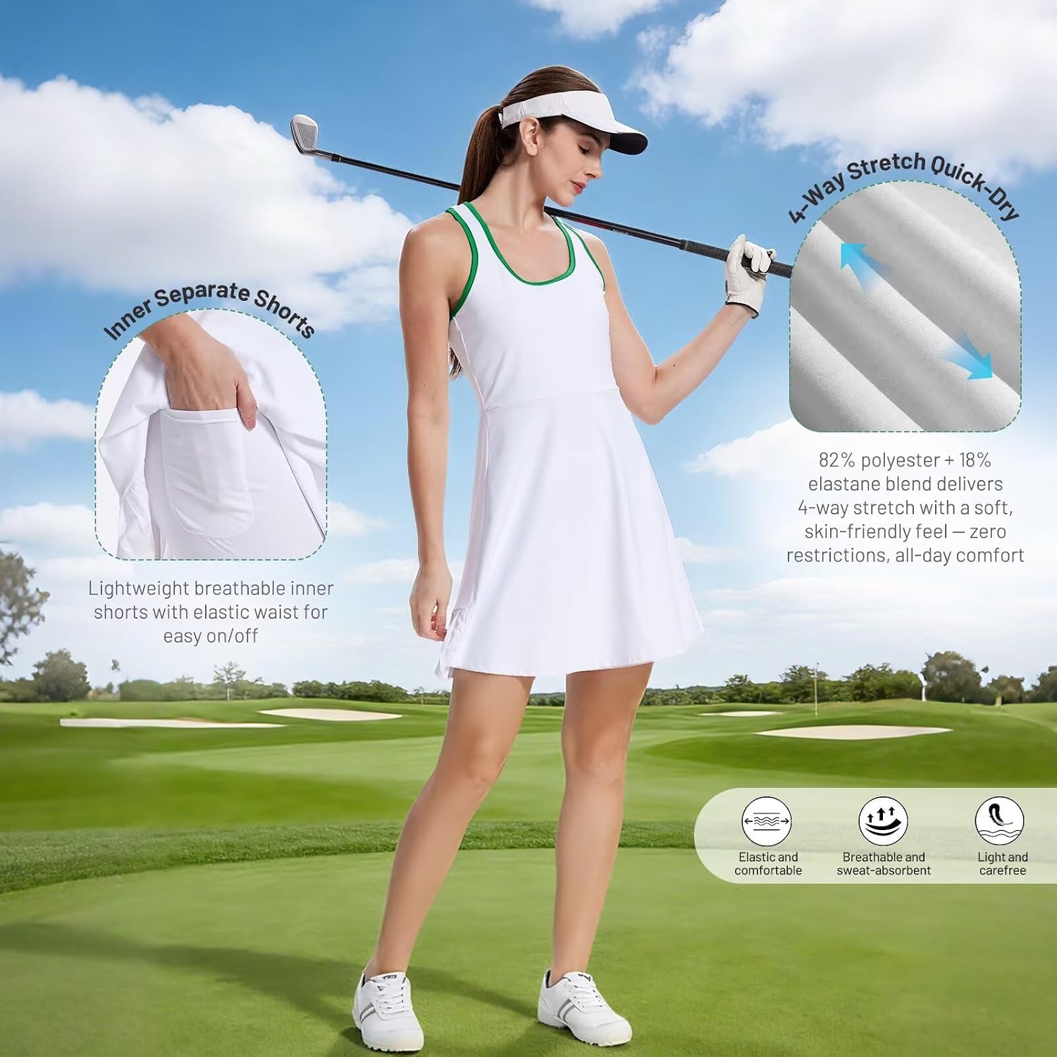 Women's Tennis Dress with Built-in Shorts, Square Neck Racerback Pleated Back for Tennis Pickleball Golf Gym