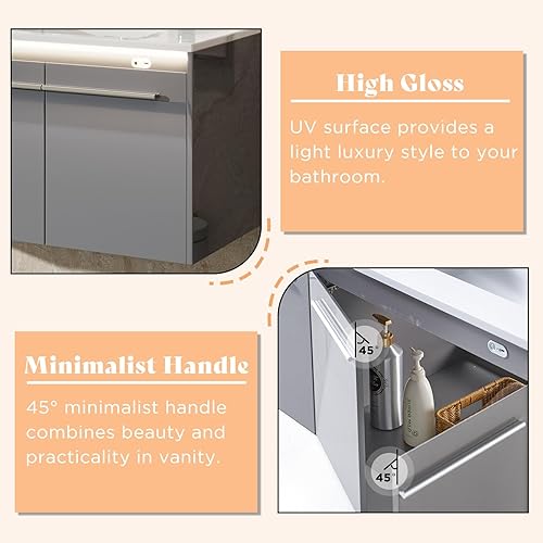 Miniatura 13 de AMERLIFE Tocador de baño flotante LED de 31 pulgadas con fregadero, fregadero individual de alto brillo montado en la pared, gabinete de Blanco