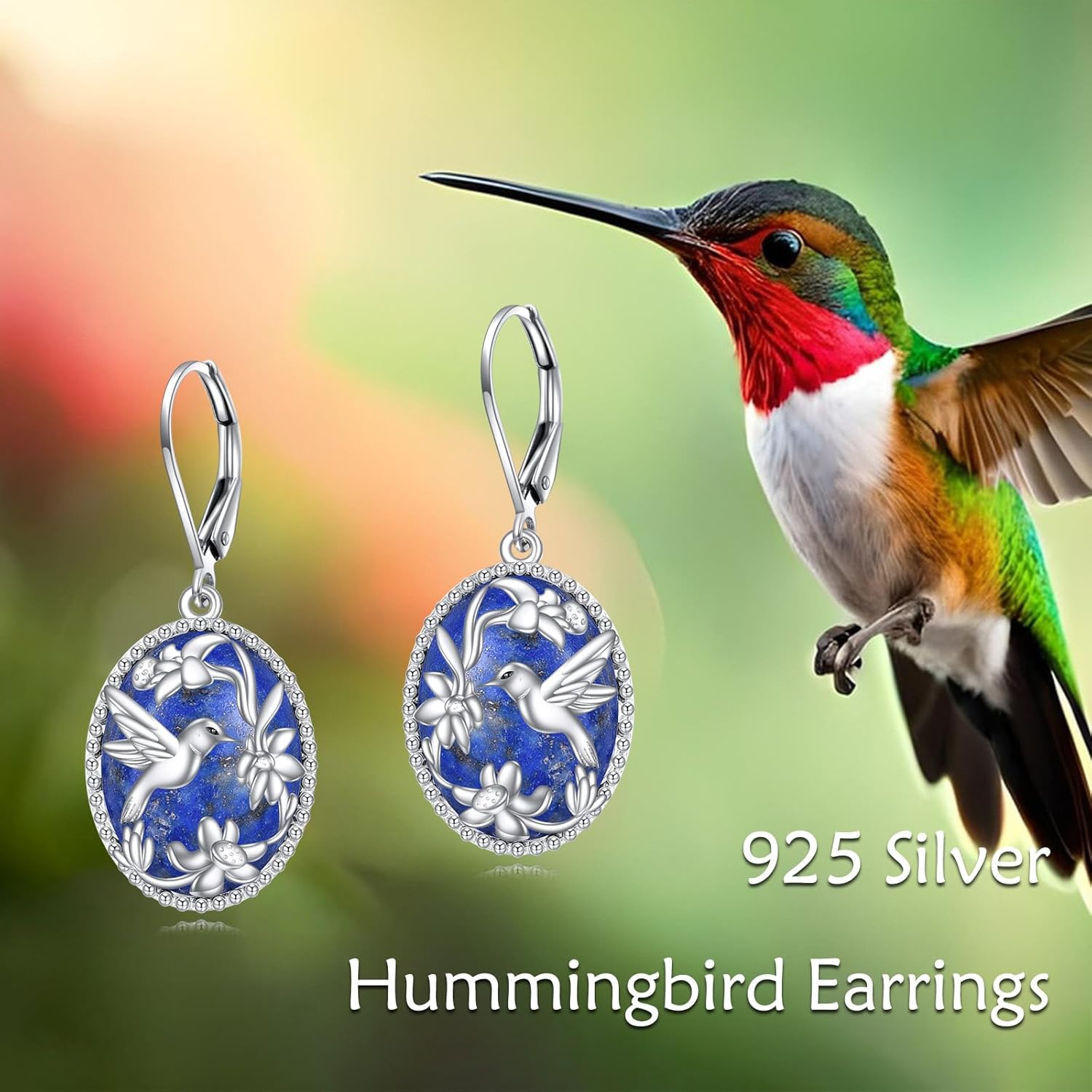 Hummingbird Earrings Sterling Silver Black Onyx Oval Hummingbird Dangle Leverback Earrings Gold Plated Flower Drop Earrings Jewelry Gifts for Women Girls - Image 6